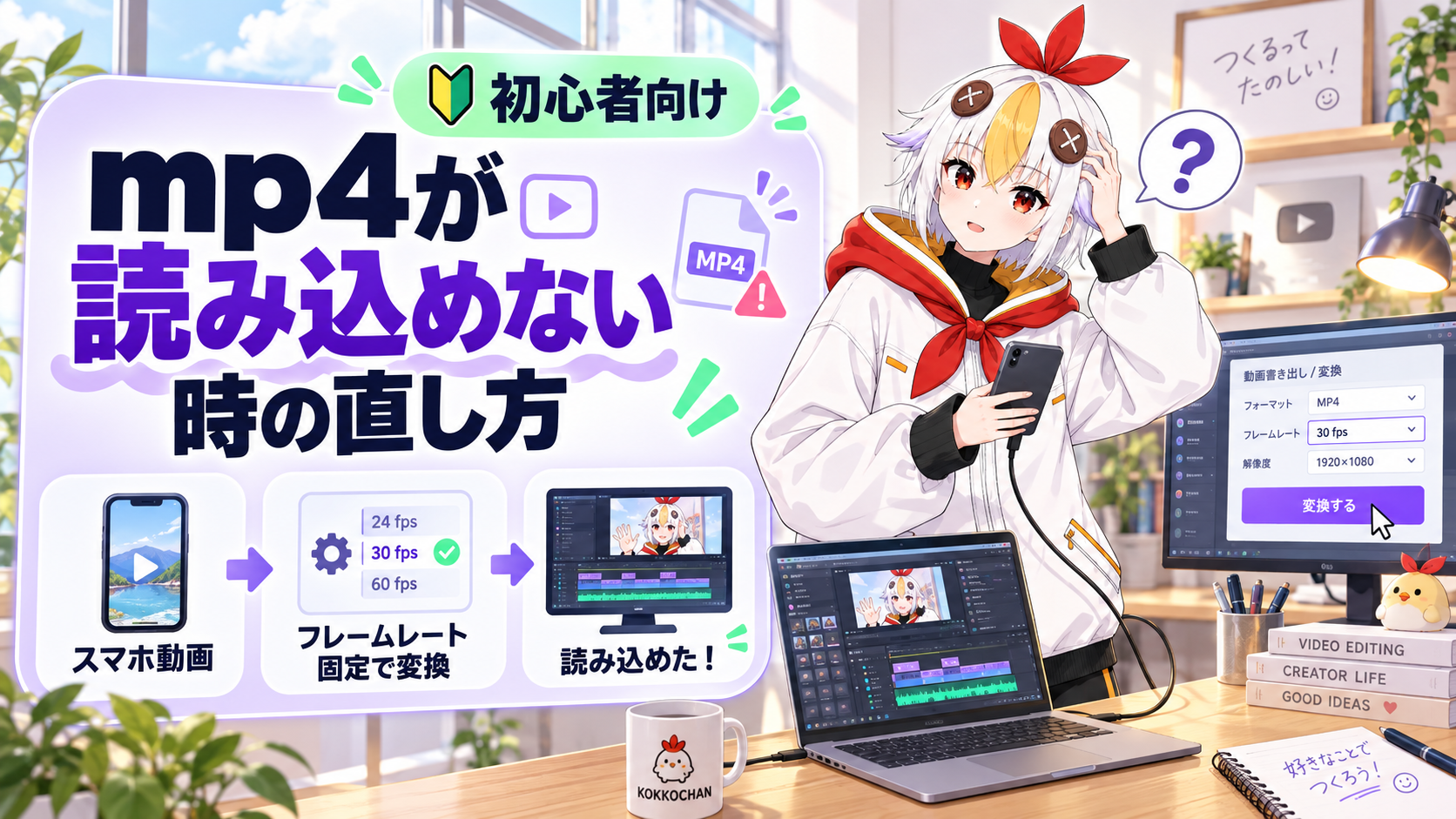 スマホ動画がAfter Effectsに読み込めず、原因を切り分けているこっこちゃん
