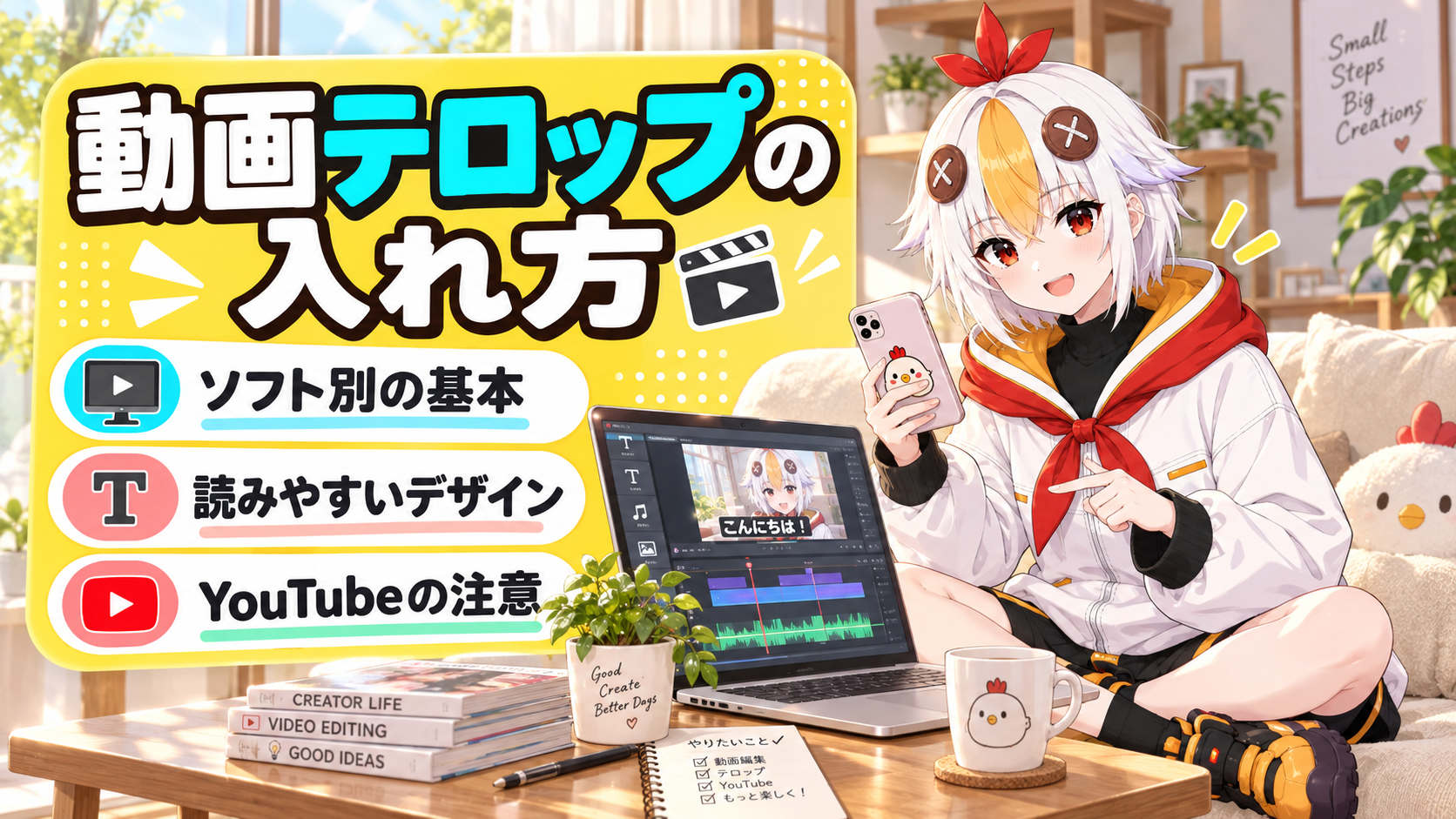 昼下がりのリビングでソファに座り、ノートPCとスマホの画面を見比べながらテロップの入れ方を確認しているこっこちゃん