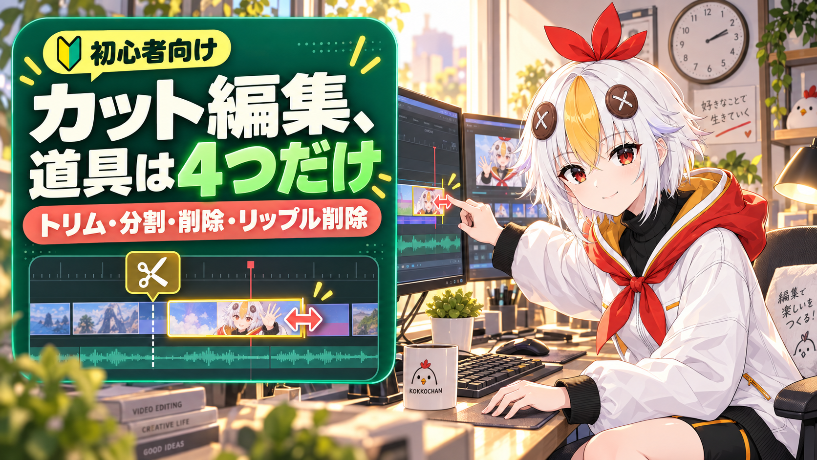 タイムライン上でトリムと分割を使い分けているこっこちゃん