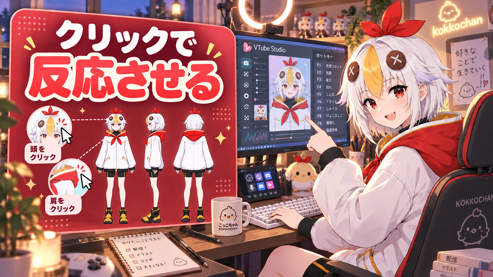 こっこちゃんがVTube Studioでモデルの頭をクリックして反応させている図