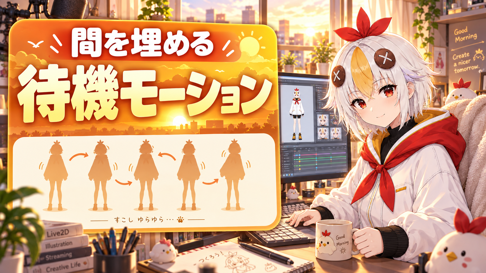 こっこちゃんがVTube Studioで待機モーションの設定を確認している図