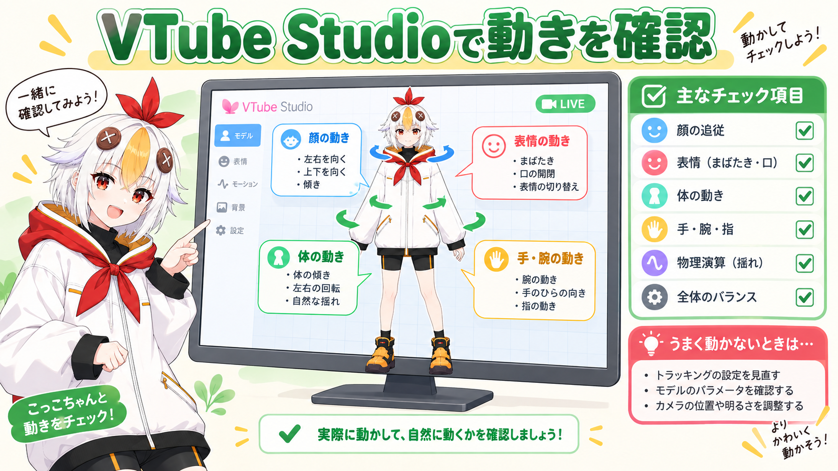 VTube Studioで待機モーションの動きを確認しているこっこちゃん