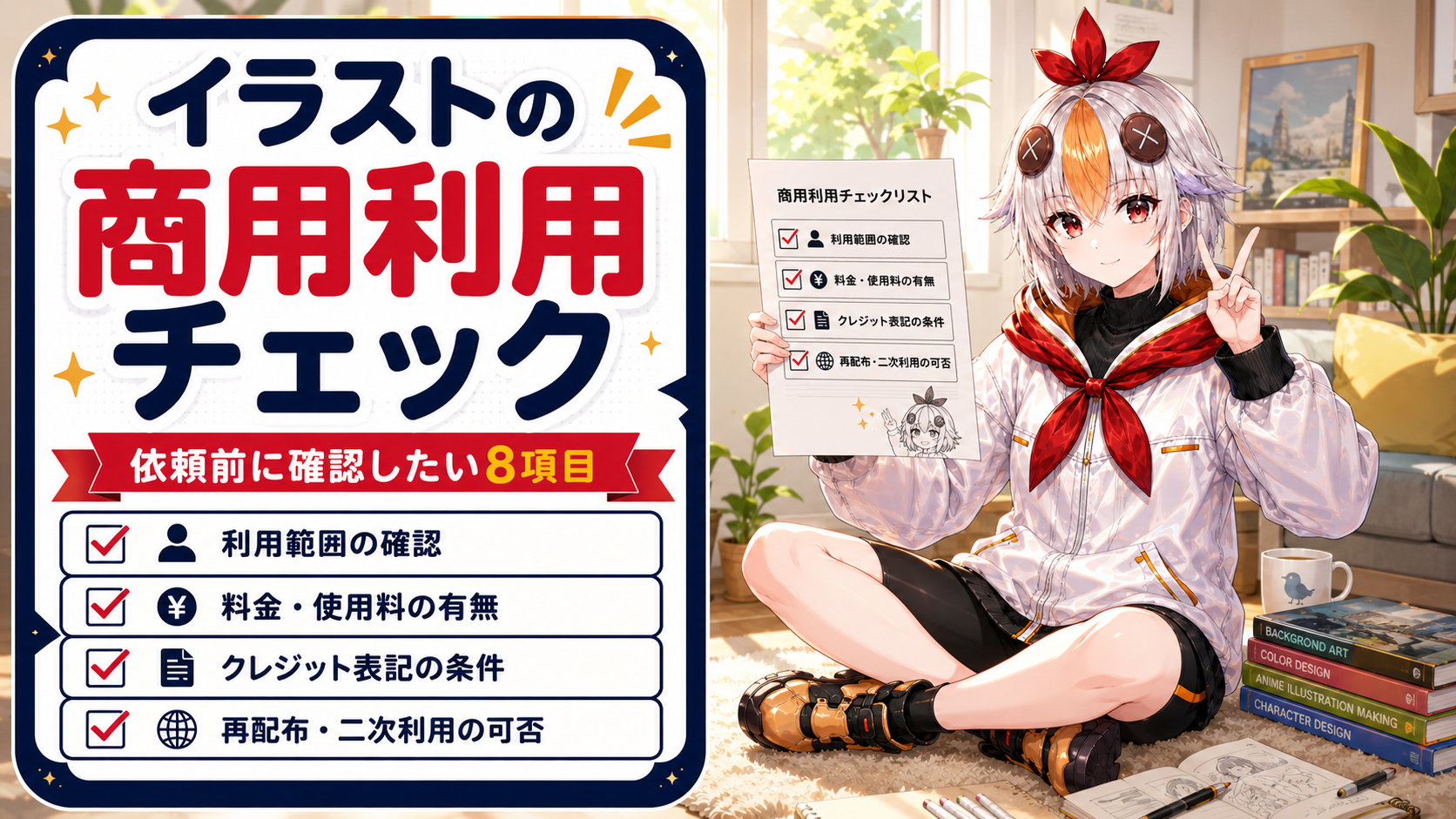 こっこちゃんが依頼書とチェックリストを見比べながら確認している図