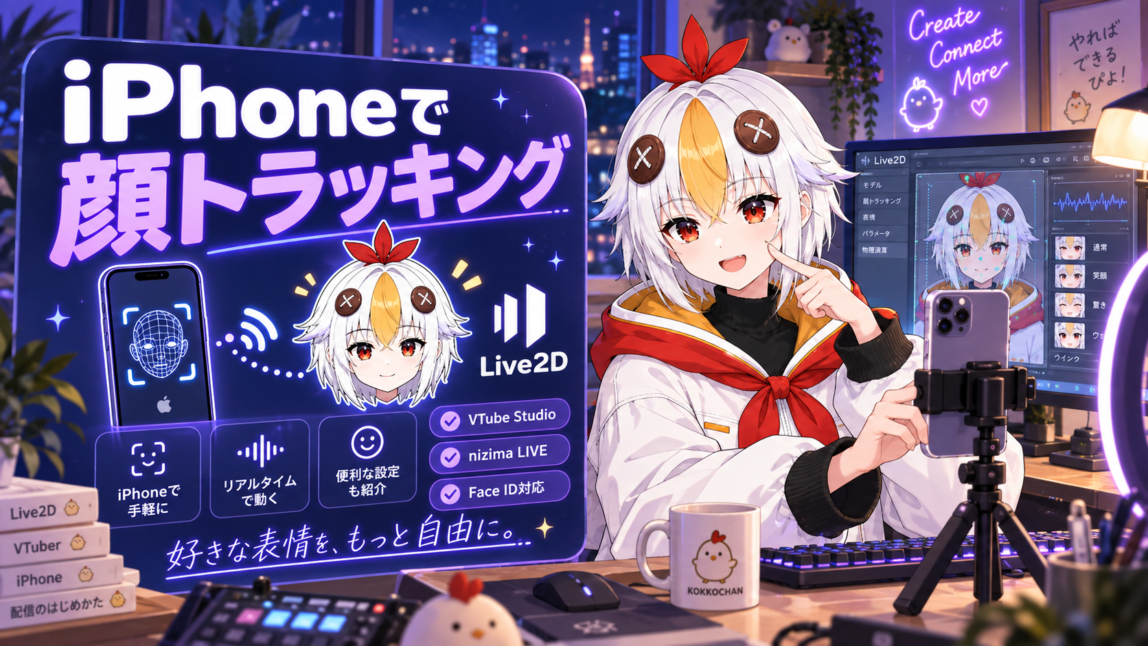 こっこちゃんがiPhoneを三脚に固定してVTube Studioの顔トラッキングを確認している図