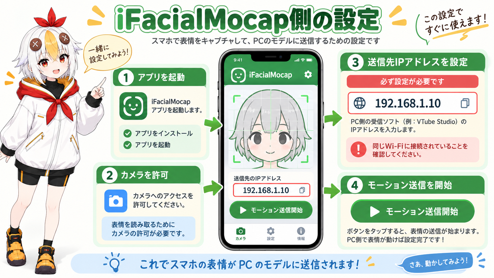 iFacialMocapを起動して自分の表情が反映されているのを確認しているこっこちゃん