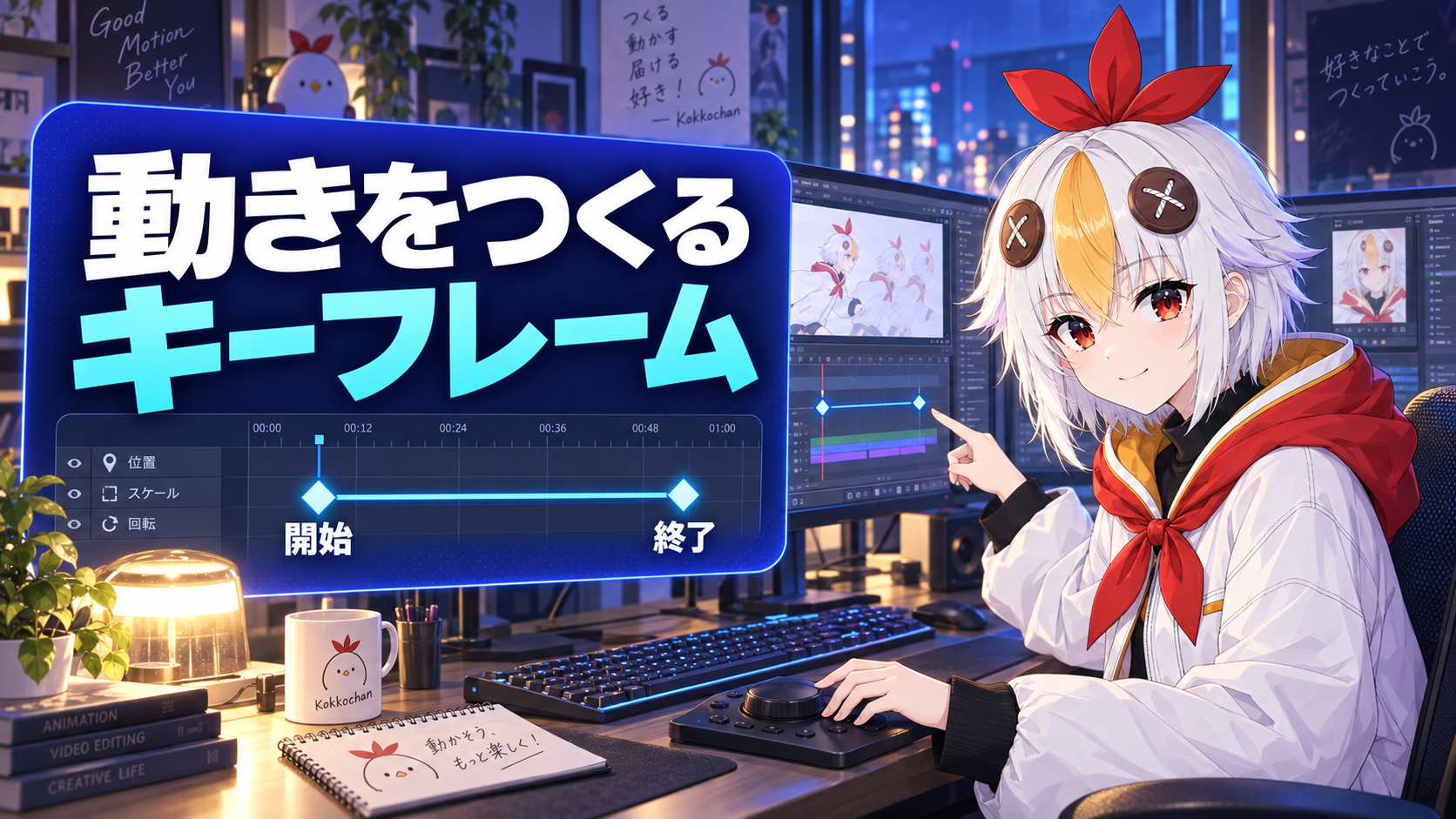 こっこちゃんがテキストが動くアニメーションのタイムラインを見せている図