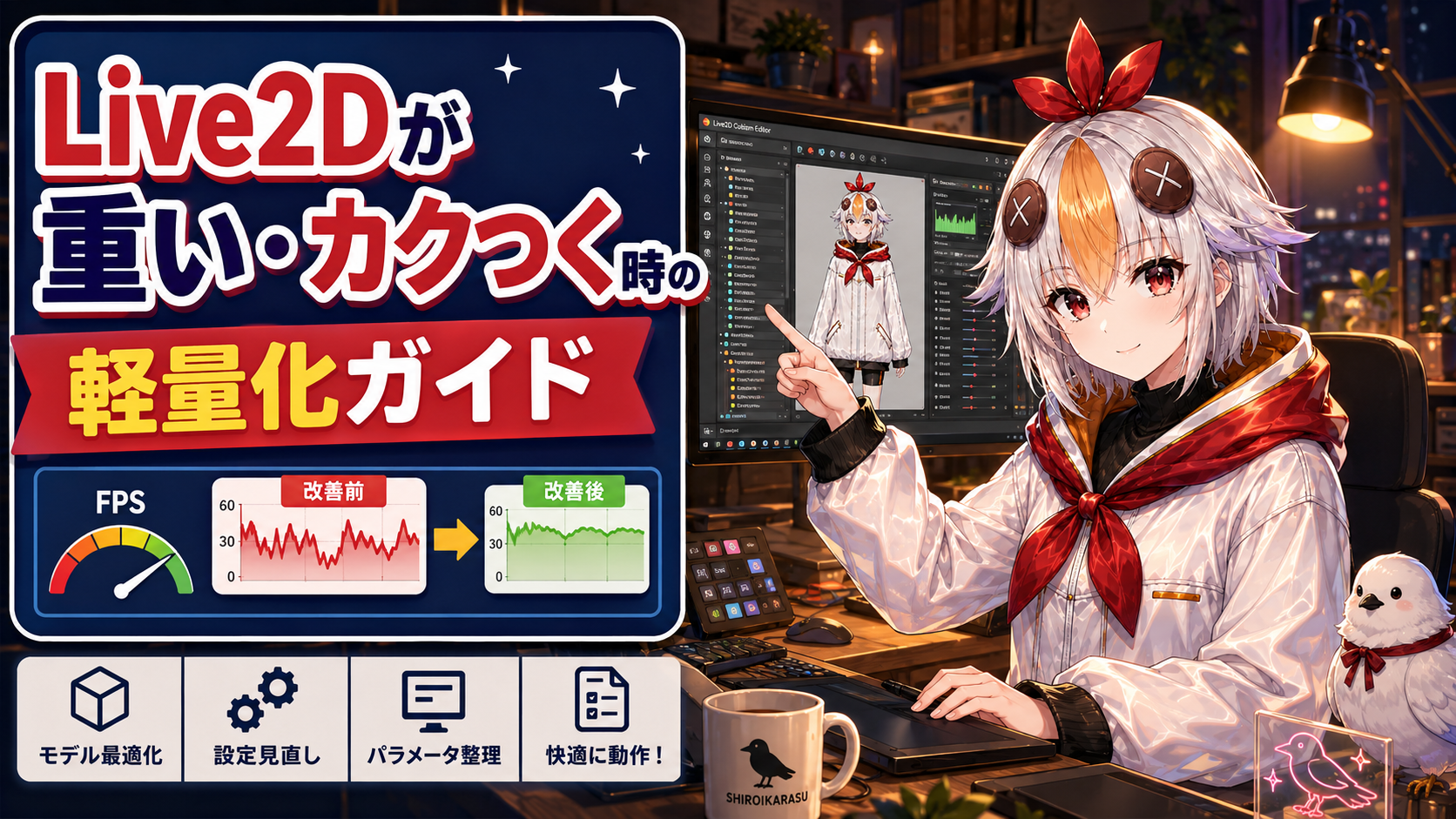 こっこちゃんがフレームレート表示を見ながらLive2Dモデルの重さを調整している図