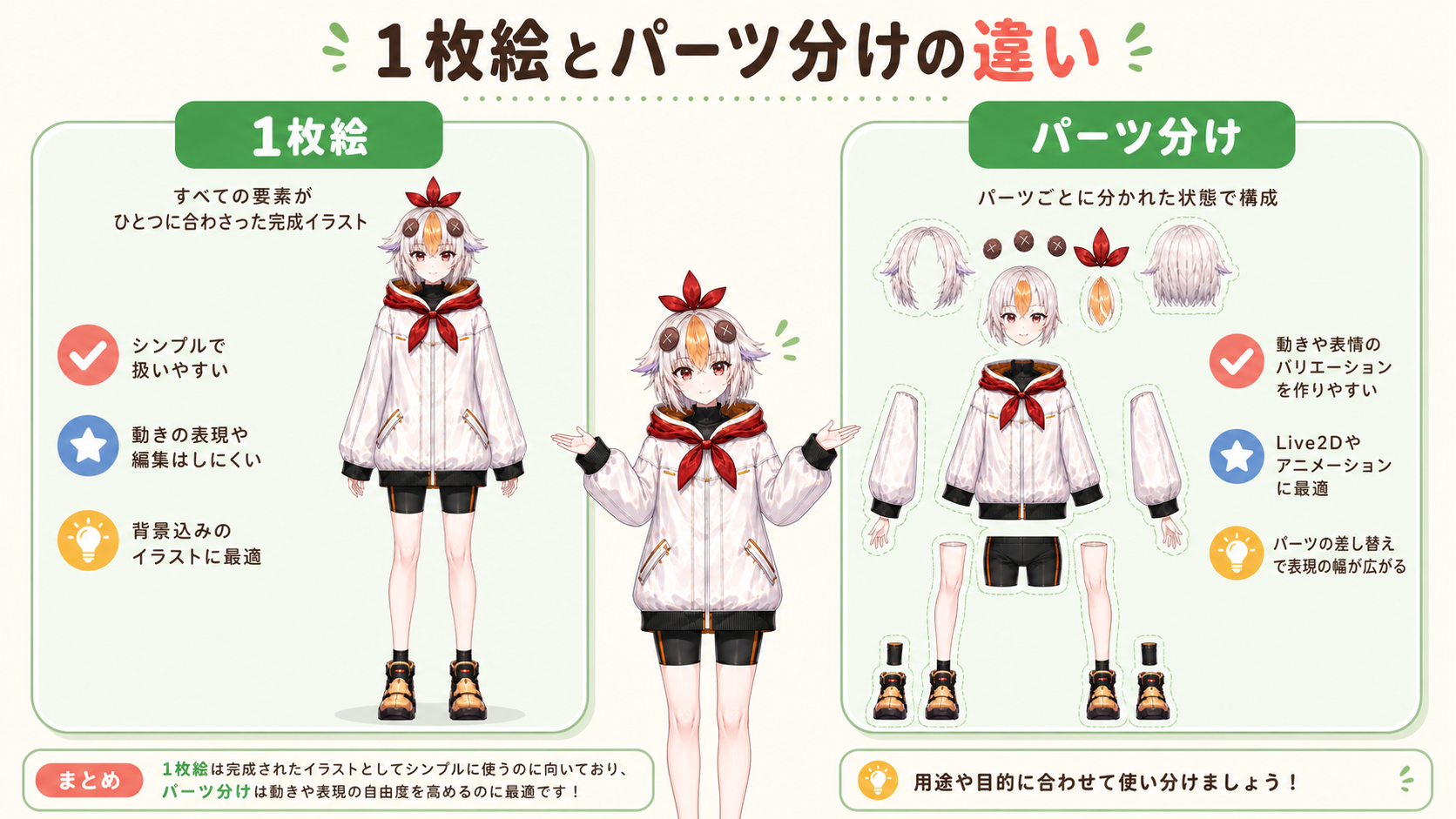 同じキャラクターの1枚絵とパーツ分けされたレイヤー構造を並べて見せるこっこちゃん