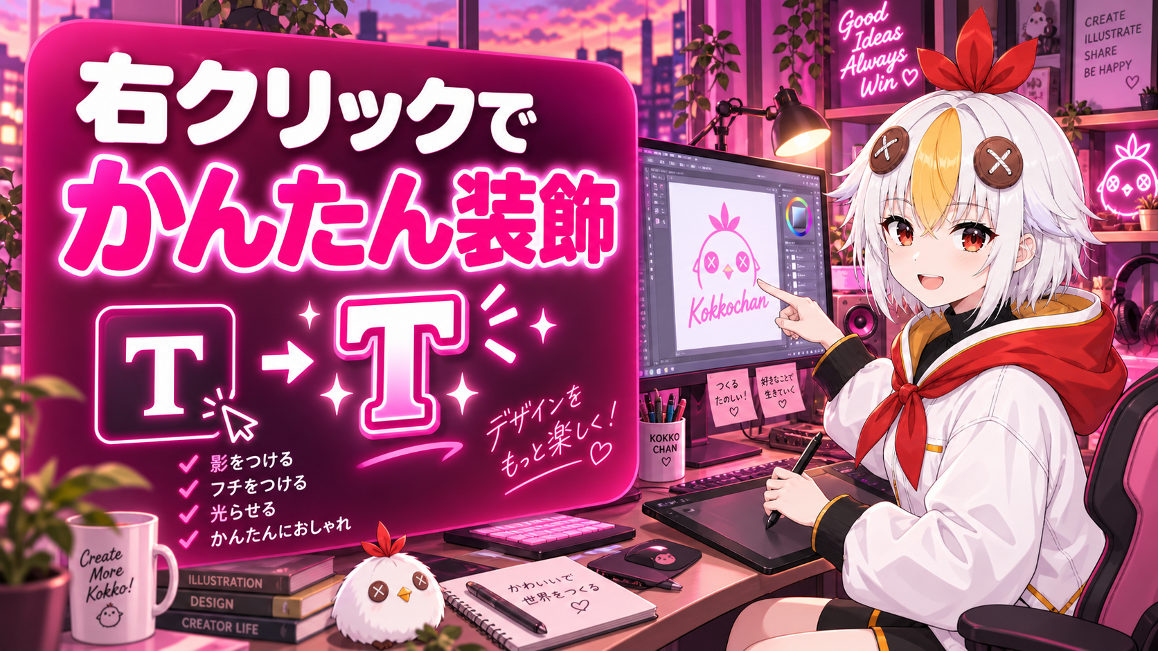 こっこちゃんがAfter Effectsのレイヤースタイルでドロップシャドウを設定している図