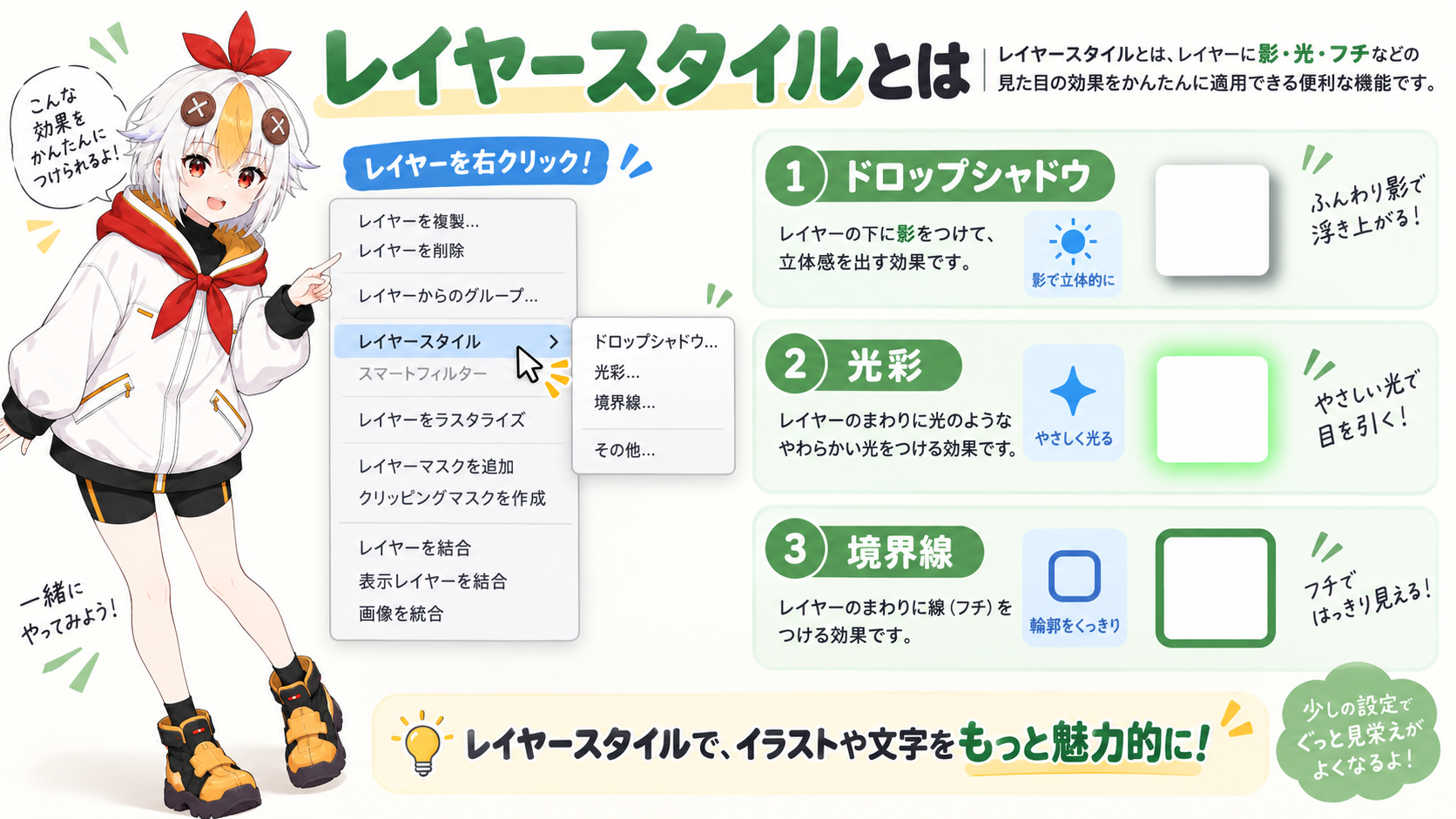 レイヤーを右クリックしてレイヤースタイルメニューを開いているこっこちゃん