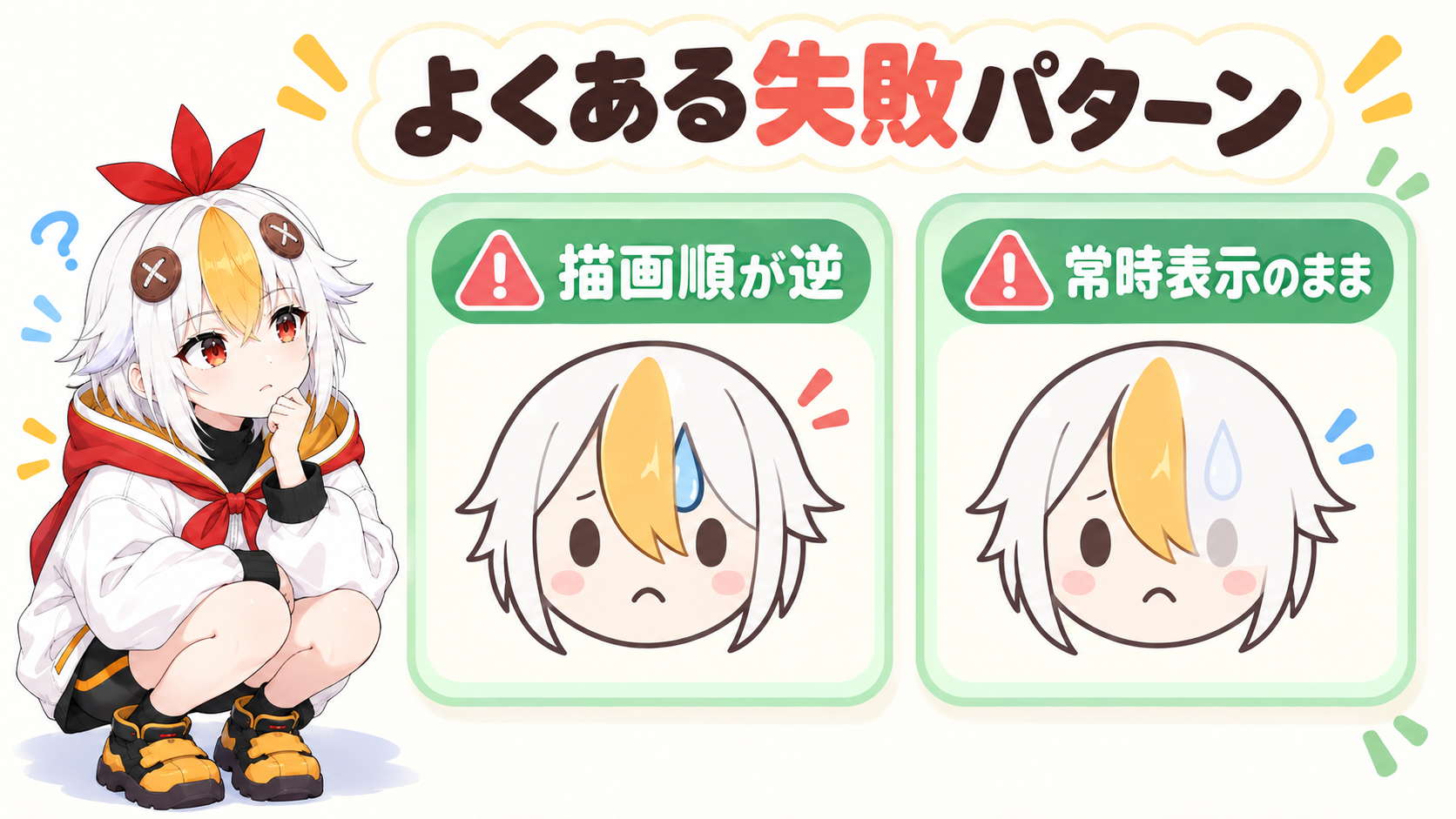 描画順が逆で涙が隠れる失敗と不透明度が常時表示のままになる失敗を並べたインフォグラフィック