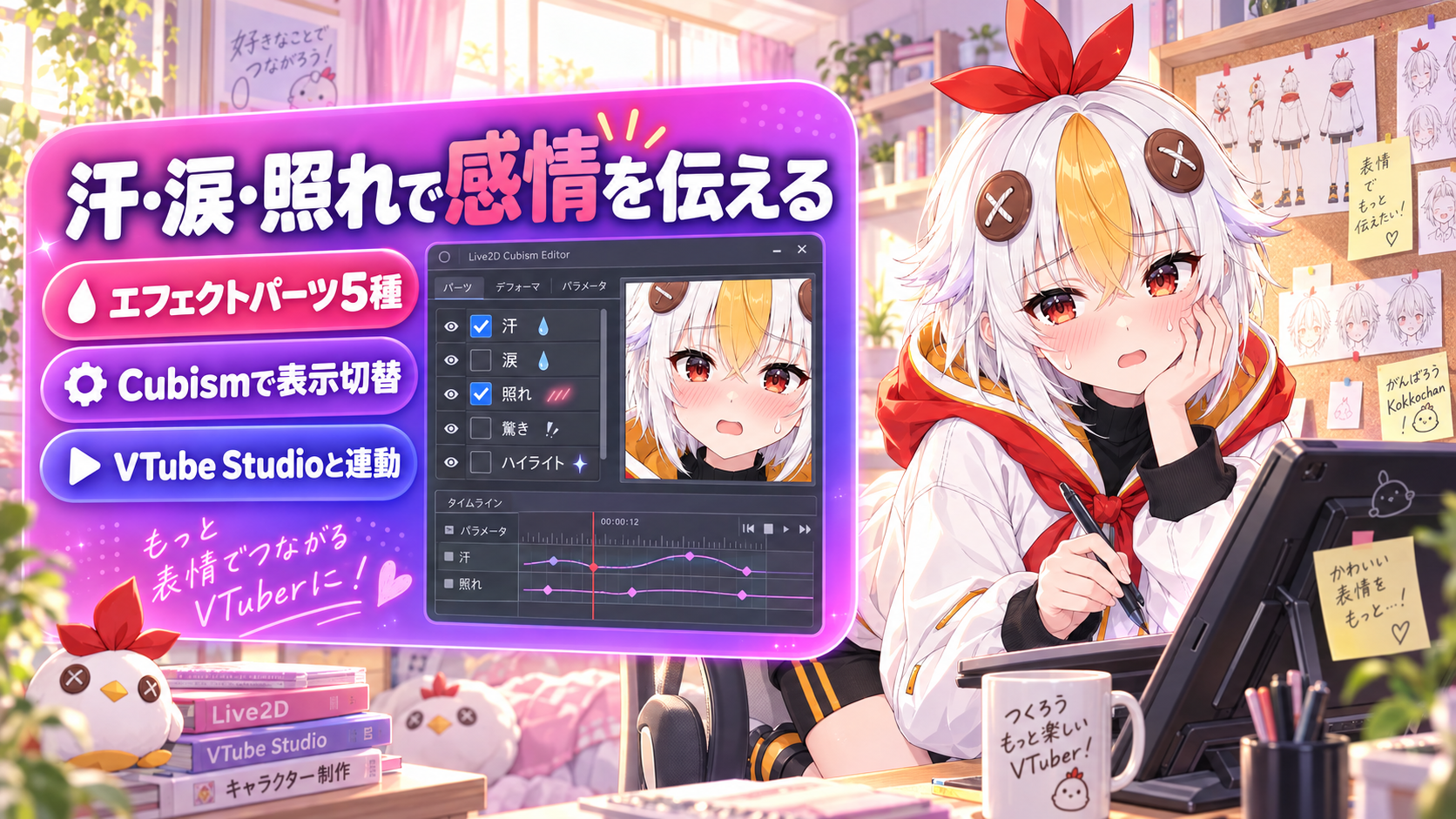 Live2Dの汗・涙・照れエフェクトパーツをCubismで設定する様子を解説するアイキャッチ画像