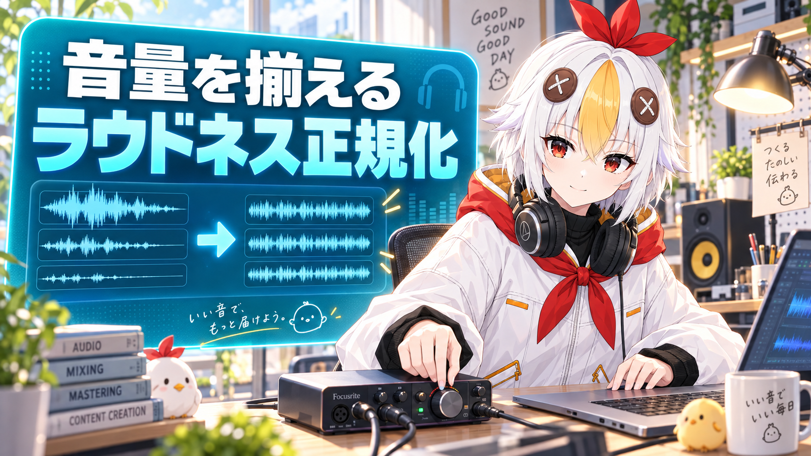 こっこちゃんがPremiere Proでラウドネスメーターを見ながら音量を揃えている図