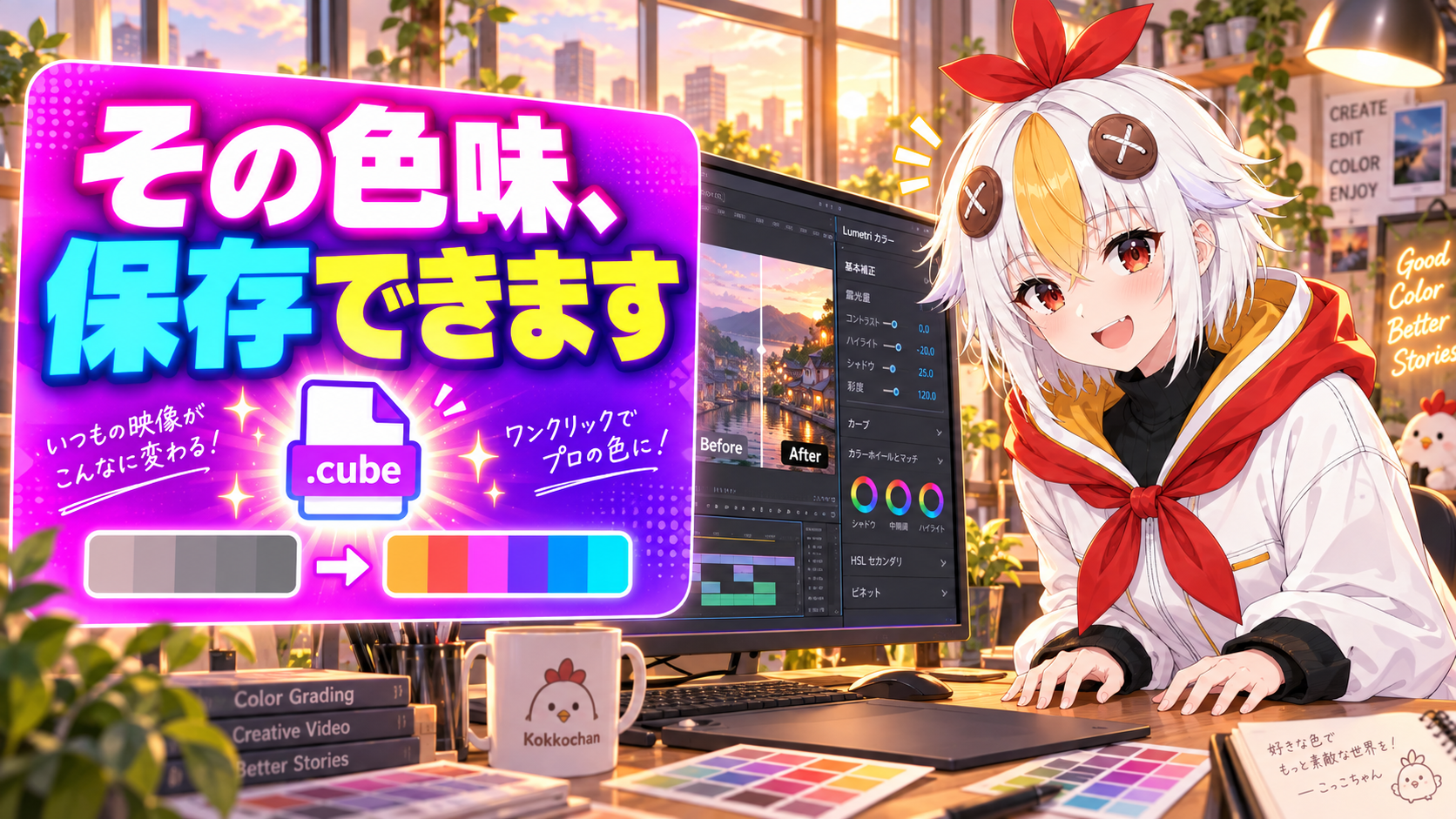 こっこちゃんが自分で作った色味をLUTとして保存している画面を見せている図