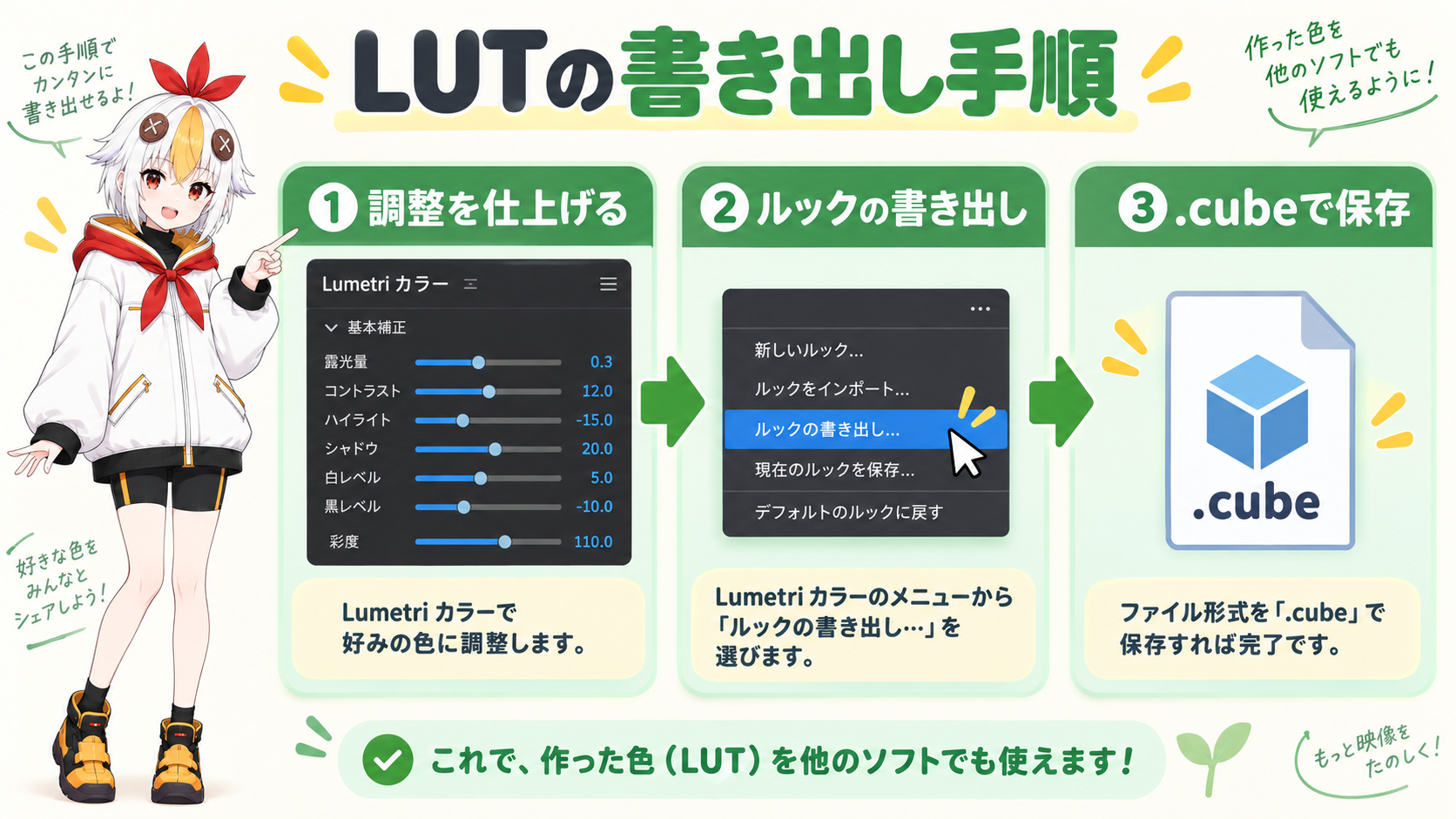 Lumetriカラーパネルからルック（LUT）を書き出す操作をしているこっこちゃん