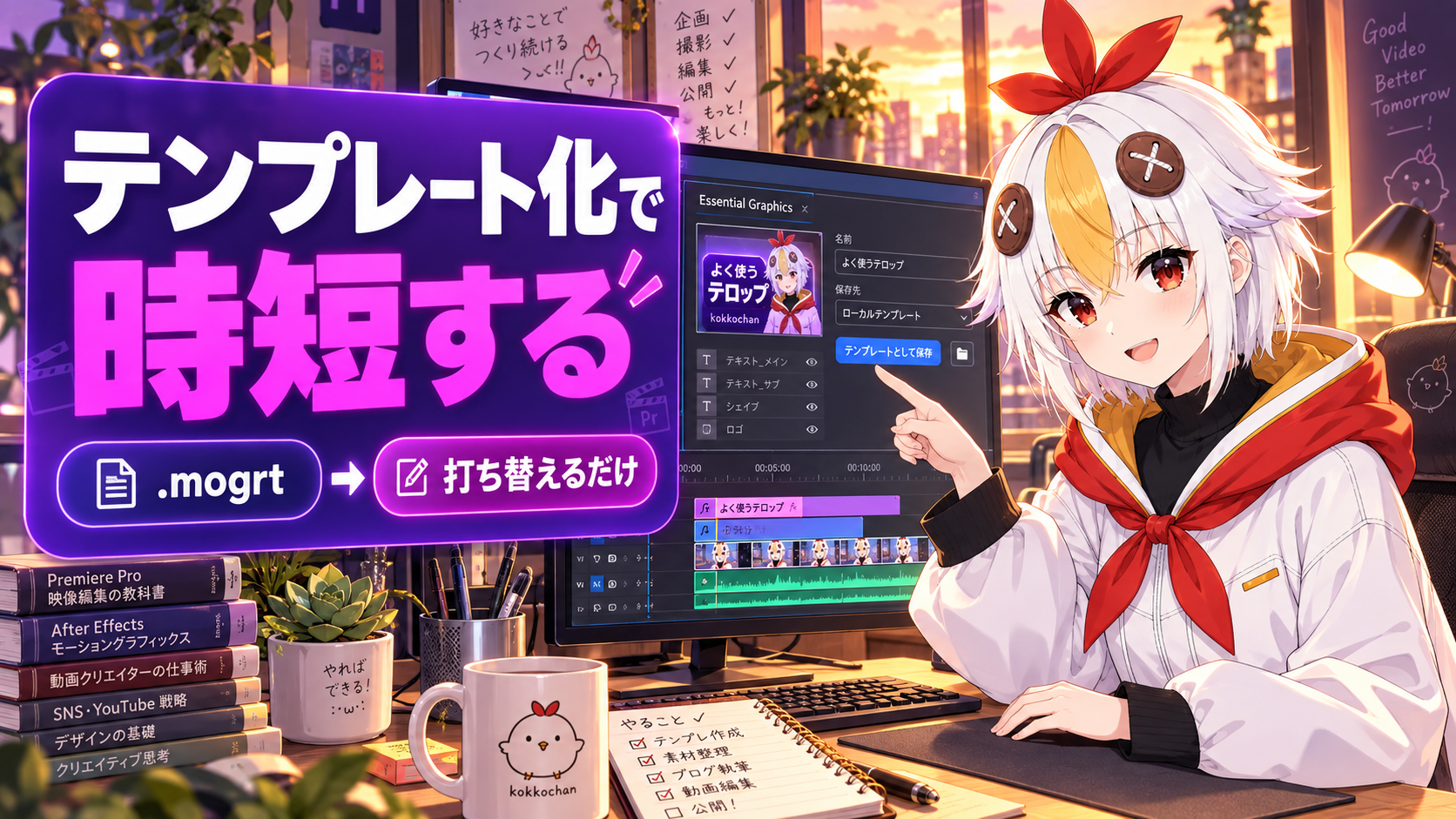 こっこちゃんがEssential GraphicsパネルでMOGRTテンプレートを書き出している図