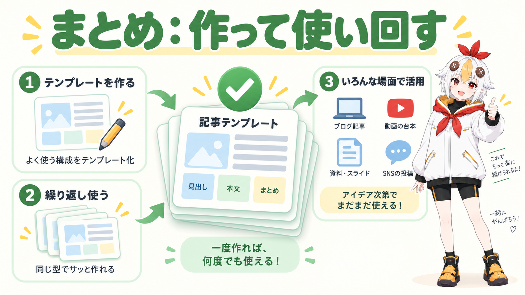 テンプレート化したデザインを並べて満足そうなこっこちゃん