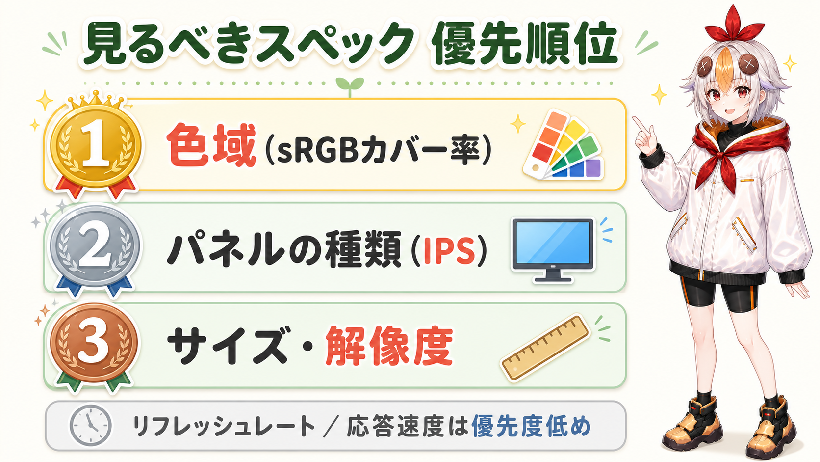 見るべきスペックの優先順位(色域・パネル種類・サイズ)