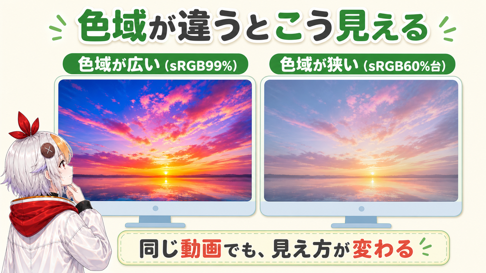 色域が広い場合と狭い場合の見え方の違い