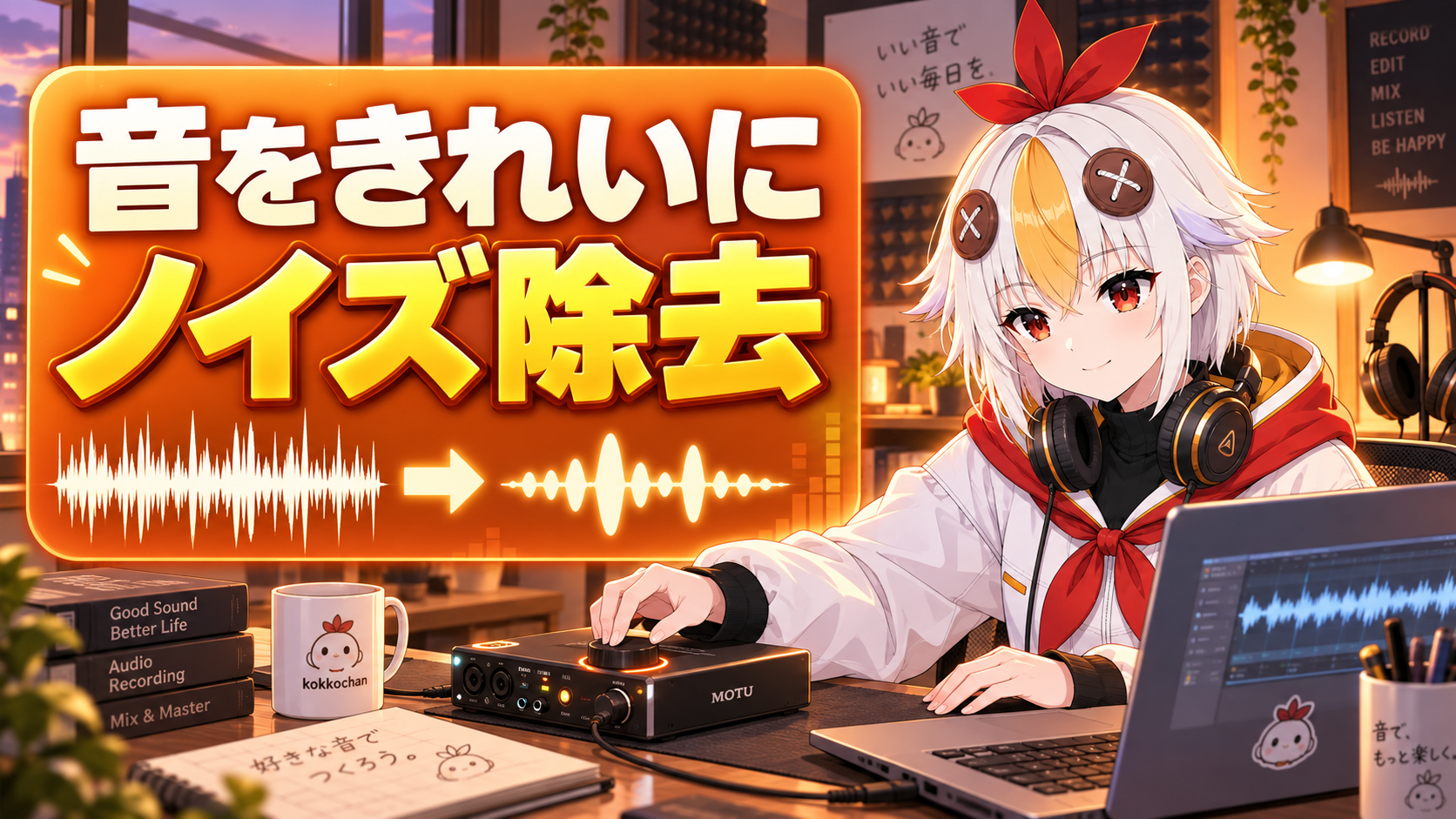 こっこちゃんがEssential Soundパネルでノイズ除去のスライダーを調整している図
