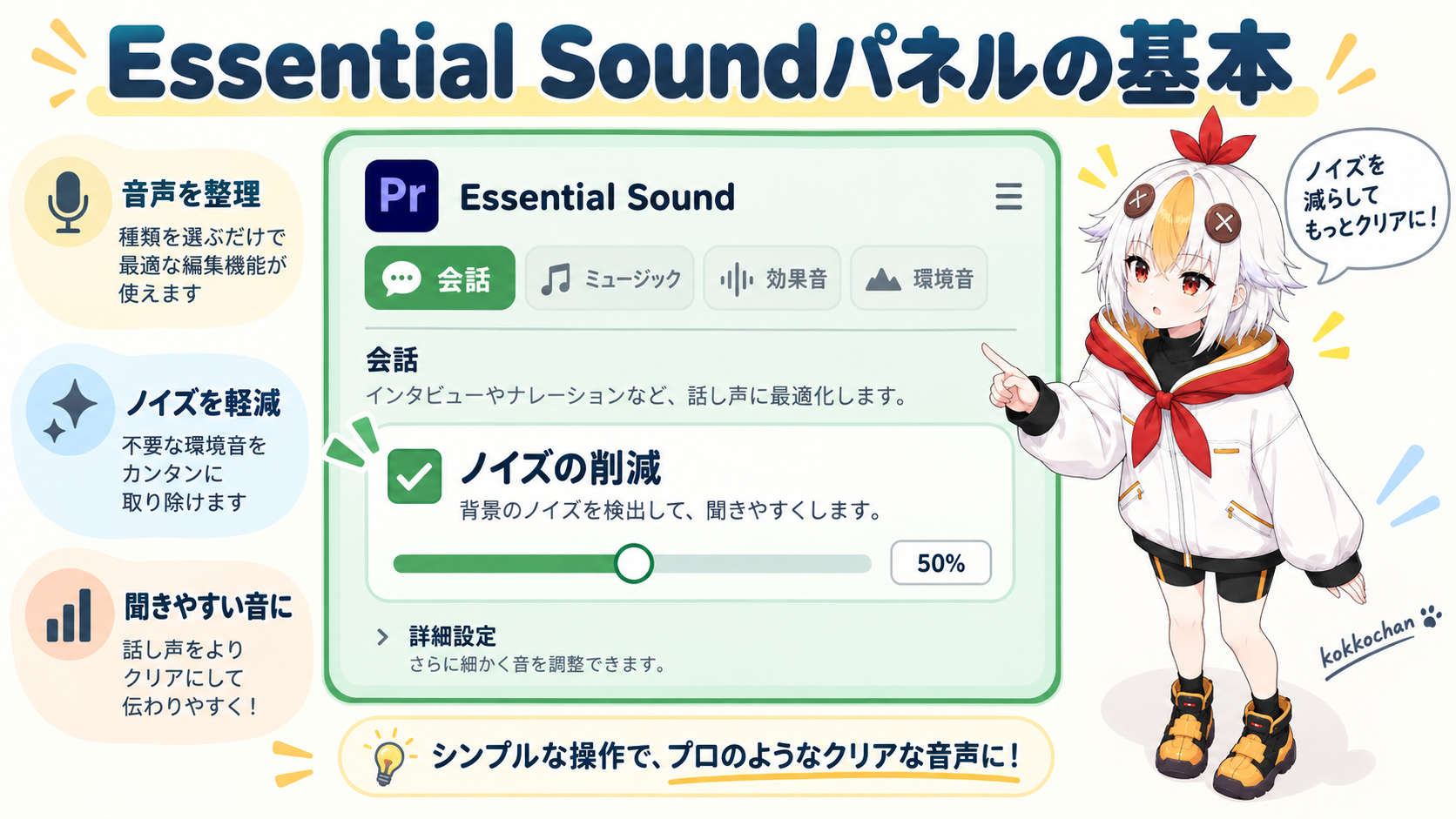 Essential Soundパネルで会話タグを割り当てているこっこちゃん