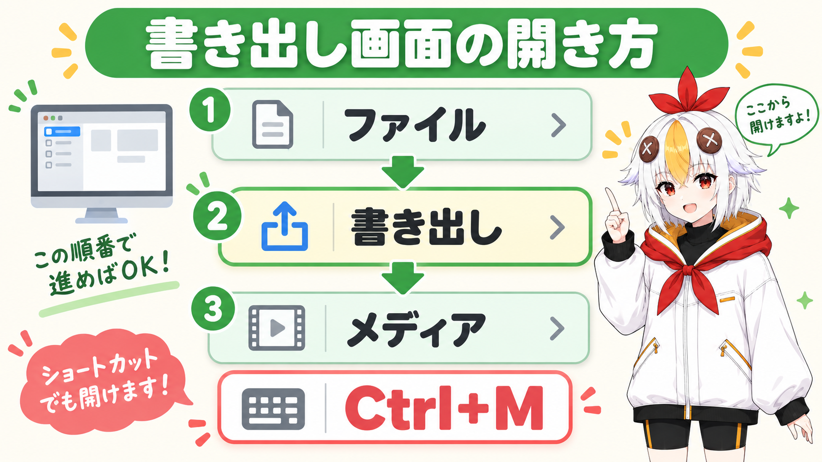 書き出し画面を開いて設定項目を眺めているこっこちゃん