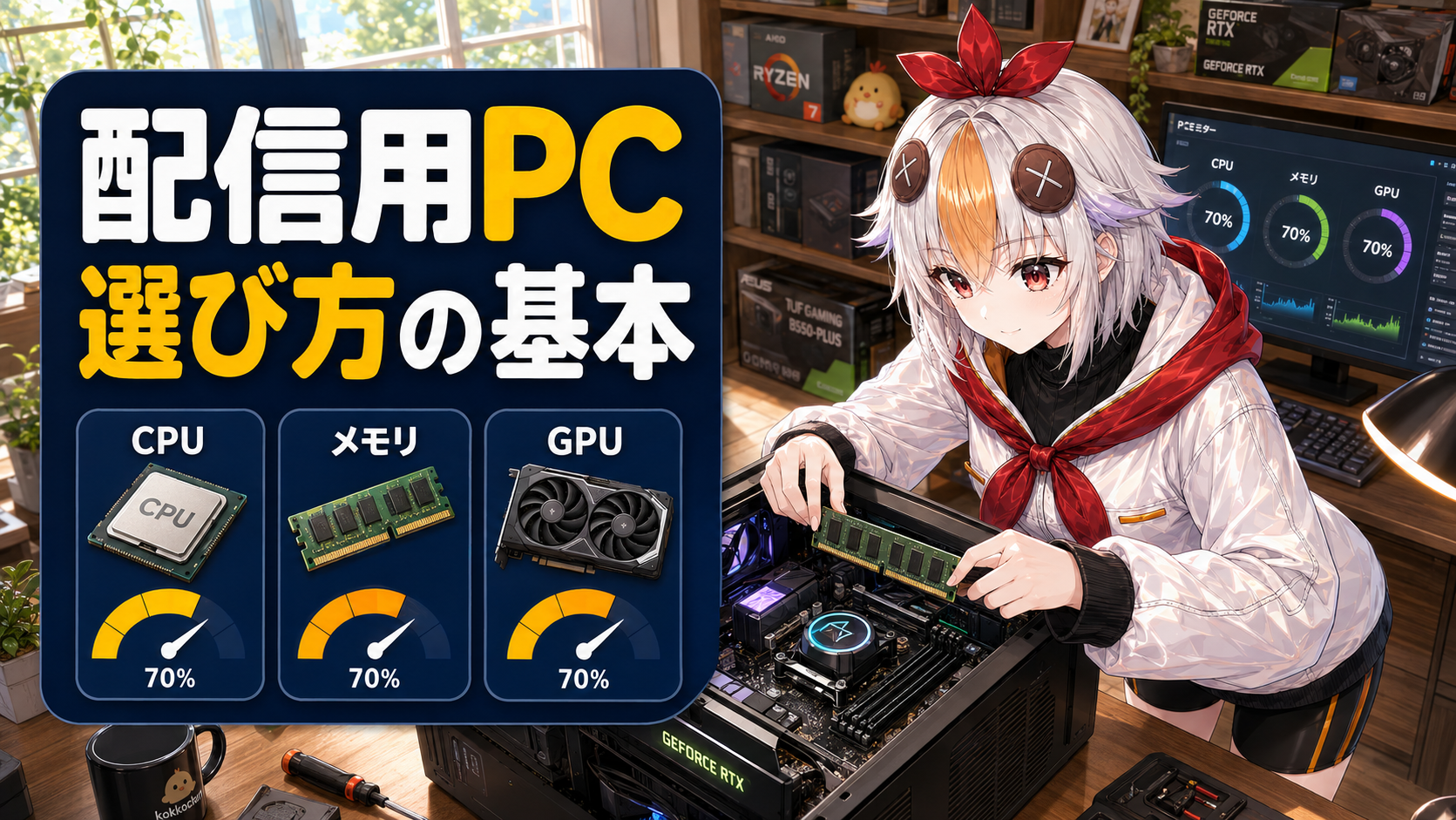 こっこちゃんがデスクトップPCのスペック表を見ながら配信機材を確認している図