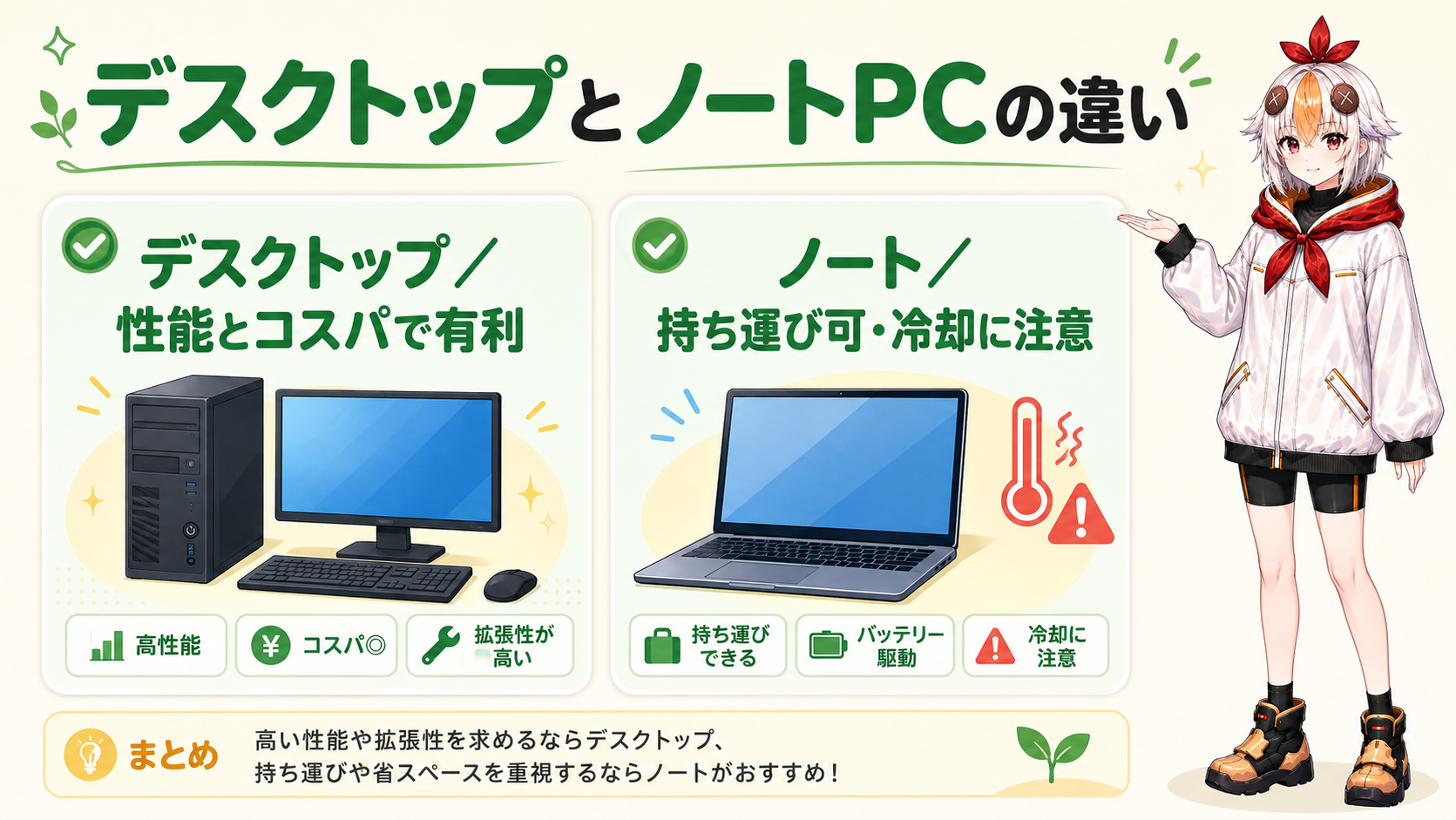 デスクトップPCとノートPCを並べて比較しているこっこちゃん