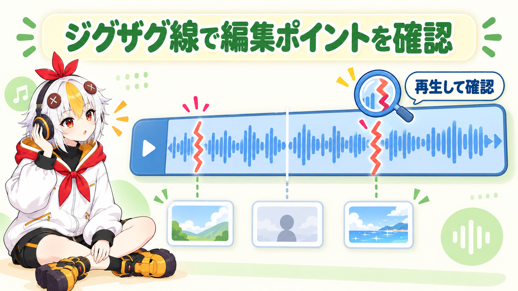 クリップに表示されるジグザグ線で編集ポイントを確認し再生してつなぎ目をチェックする様子を示すインフォグラフィック