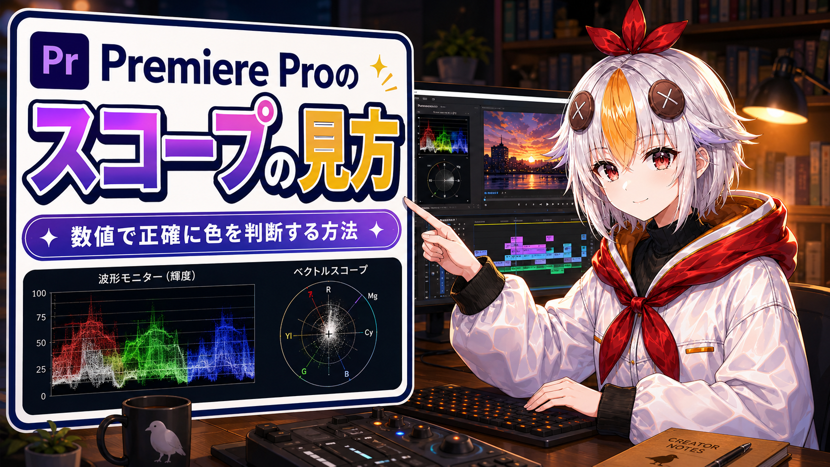 こっこちゃんが波形モニターとベクトルスコープを見比べながら映像の色を判断している図