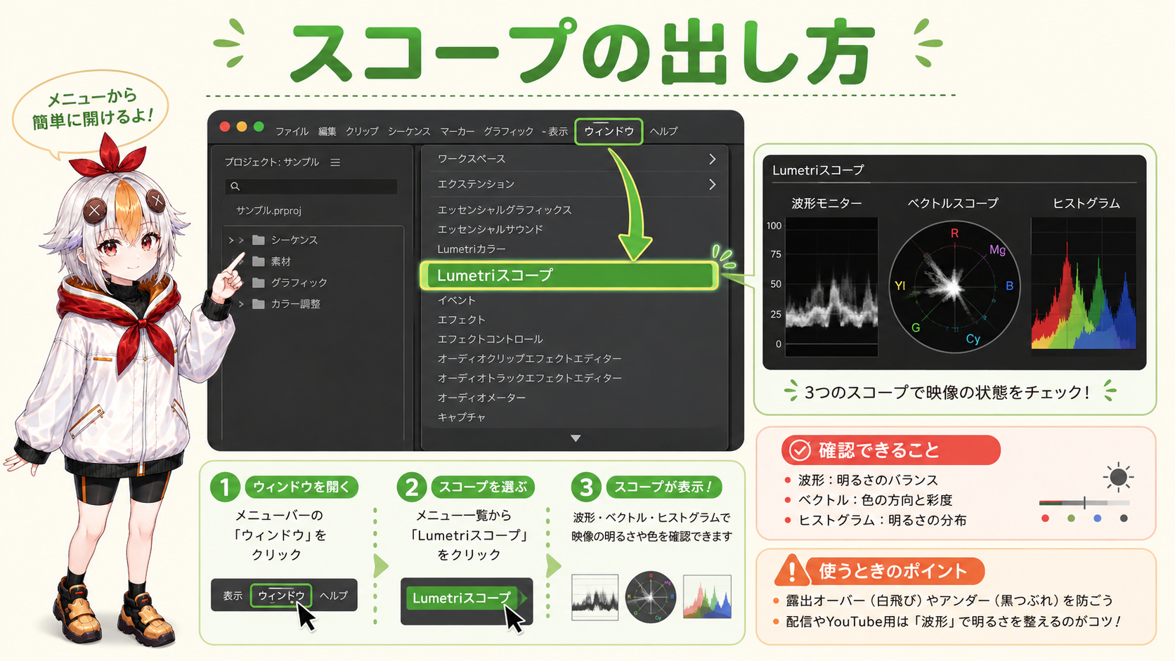 Lumetriスコープパネルを開いて右クリックメニューから表示項目を選んでいるこっこちゃん