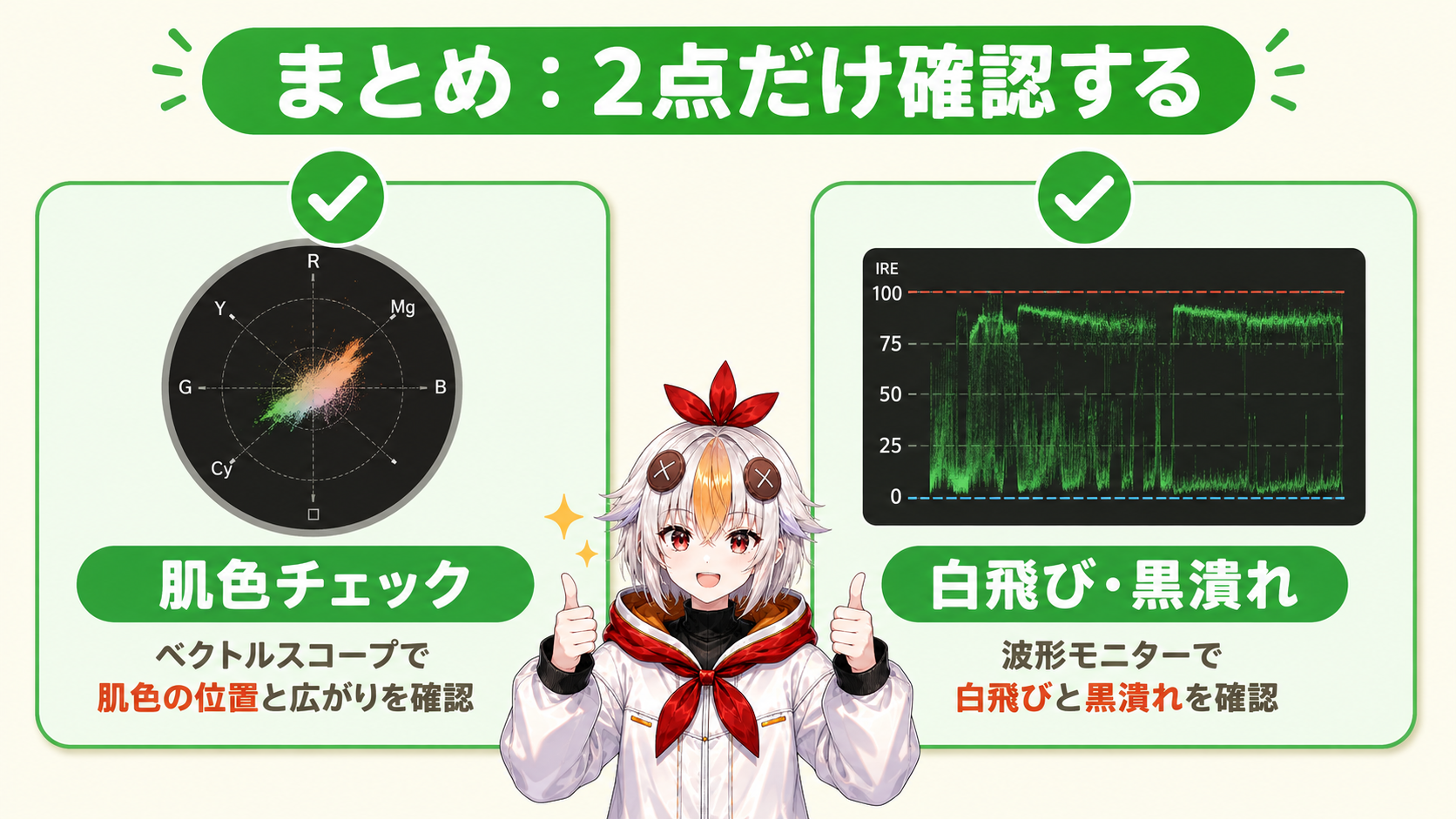 波形モニターとベクトルスコープを両方確認して納得した表情のこっこちゃん