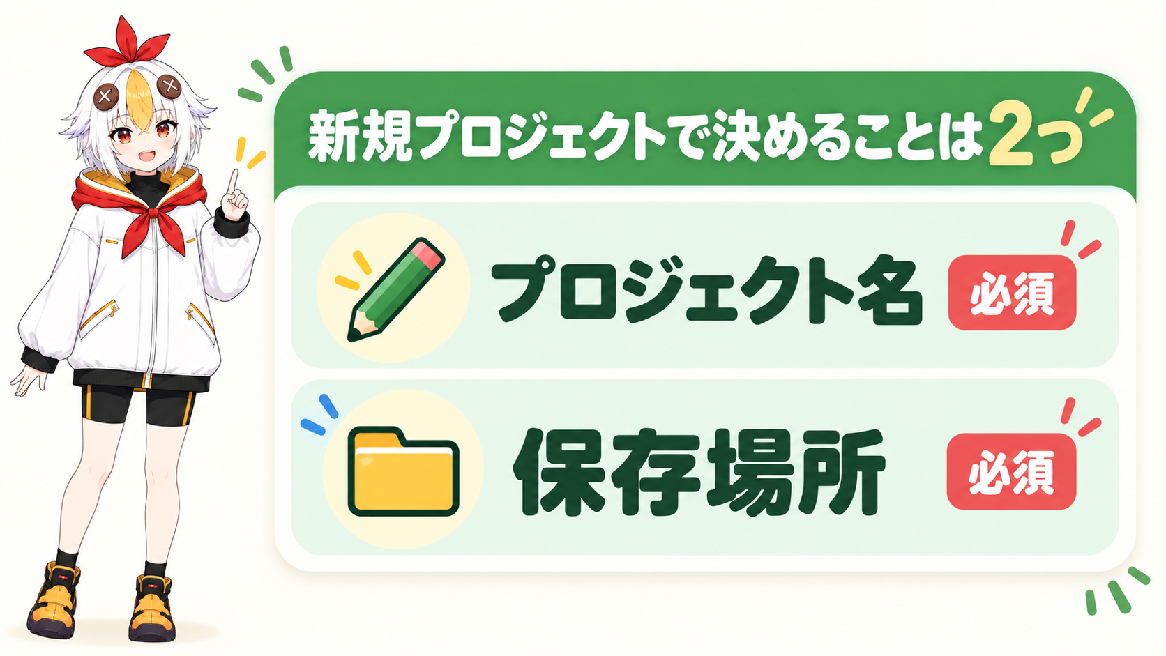 新規プロジェクトのダイアログで名前と保存場所を確認しているこっこちゃん