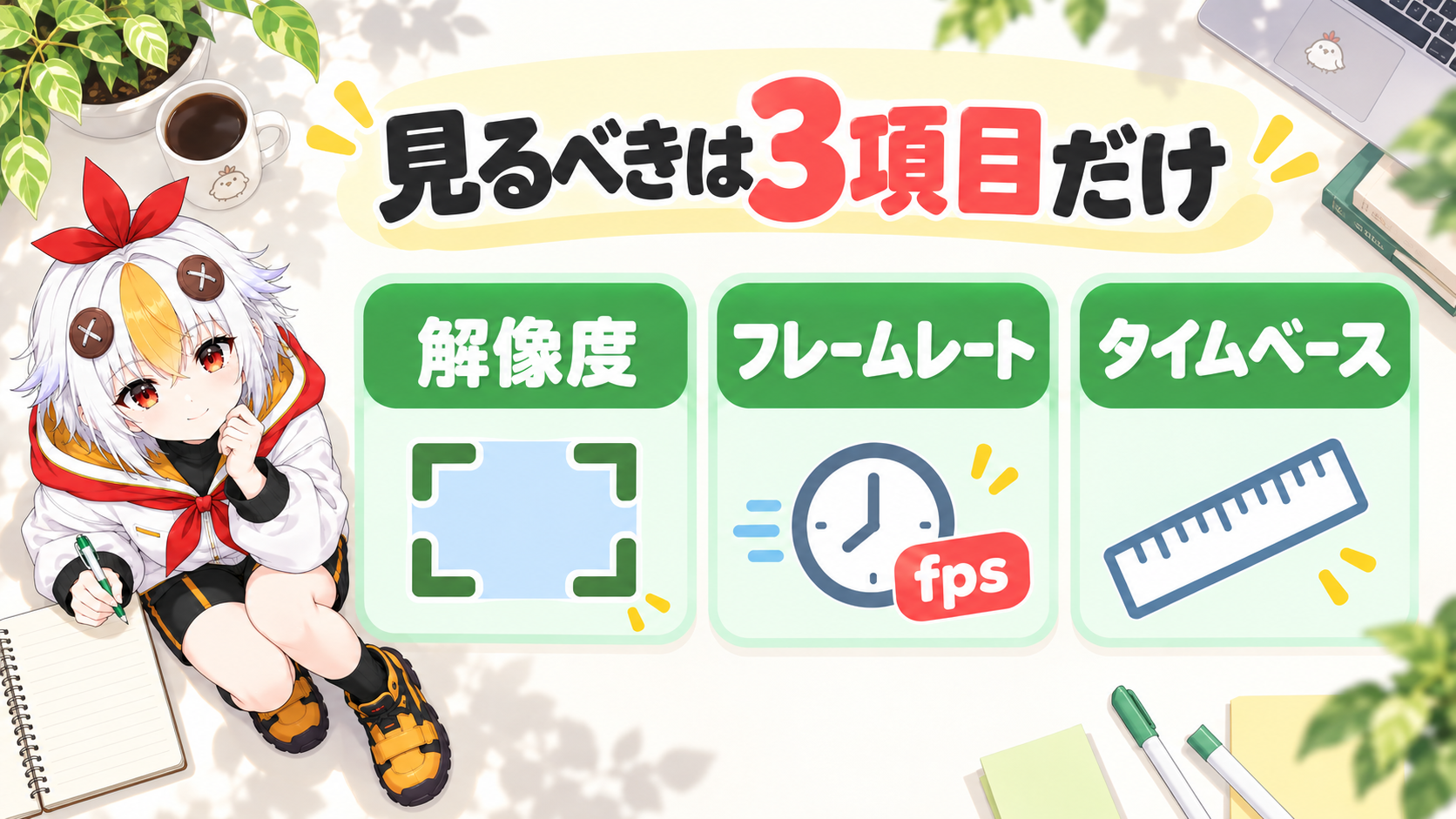 シーケンス設定画面で解像度とフレームレートを確認しているこっこちゃん