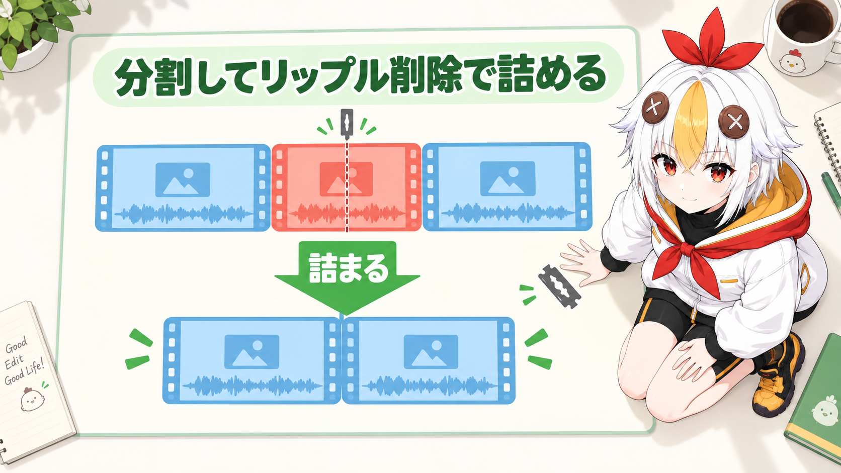 レーザーツールで分割してリップル削除で詰めているこっこちゃん
