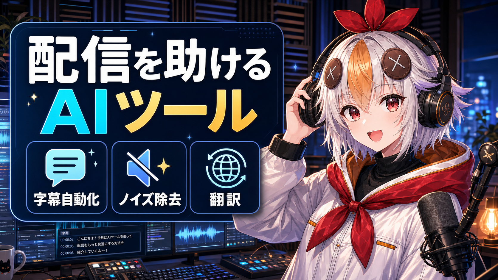 ヘッドホンを片耳外して驚いた表情を見せるこっこちゃん