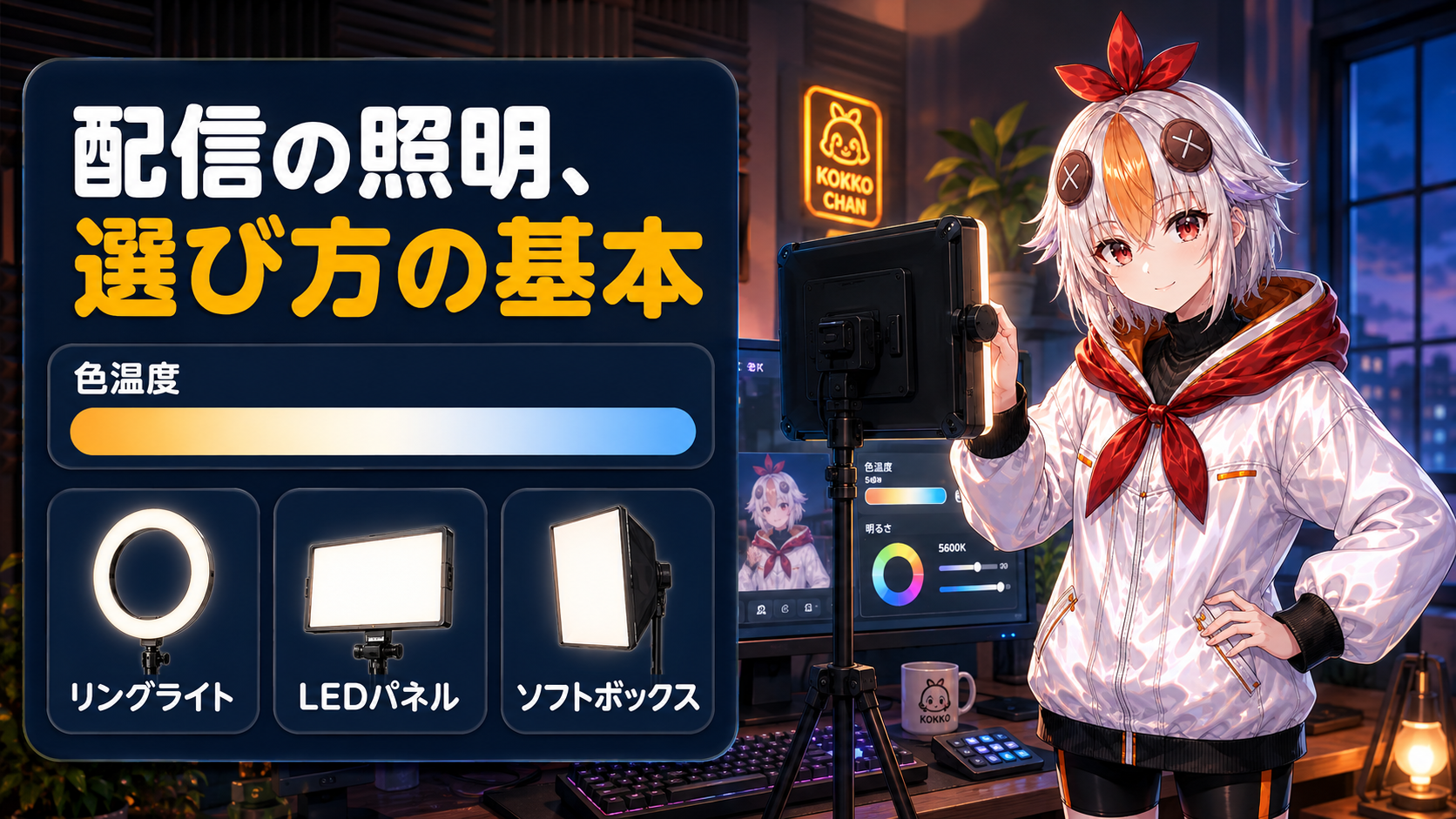 LEDパネルライトの角度を調整するこっこちゃん