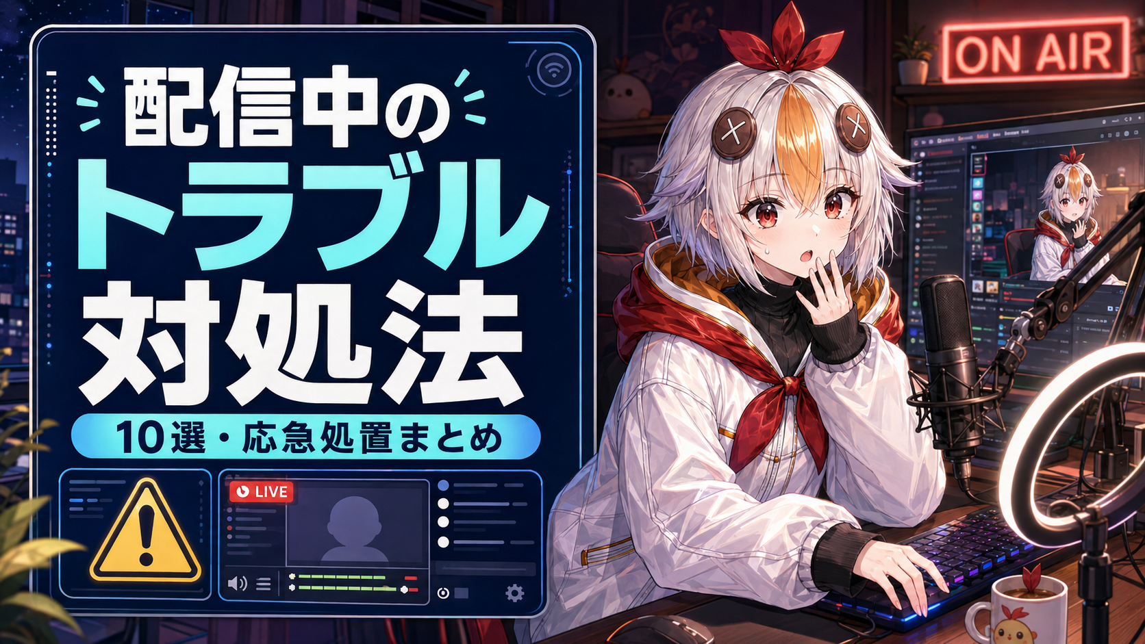 こっこちゃんが配信中に急なトラブルに気づいて焦りながら対処している図
