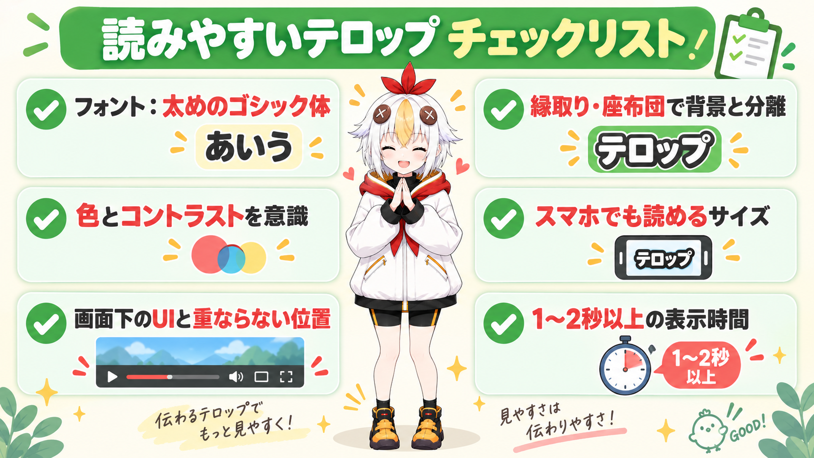 読みやすく整ったテロップが表示された画面を見て満足そうにうなずいているこっこちゃん