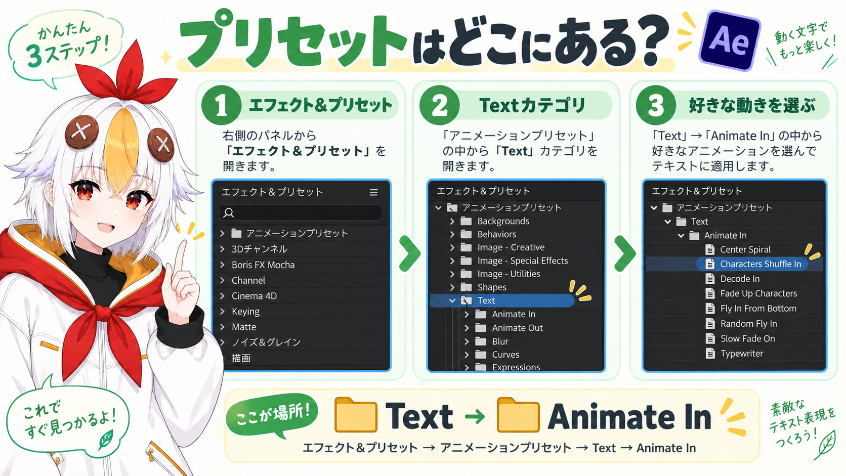エフェクト&プリセットパネルでTextカテゴリのプリセットを探しているこっこちゃん