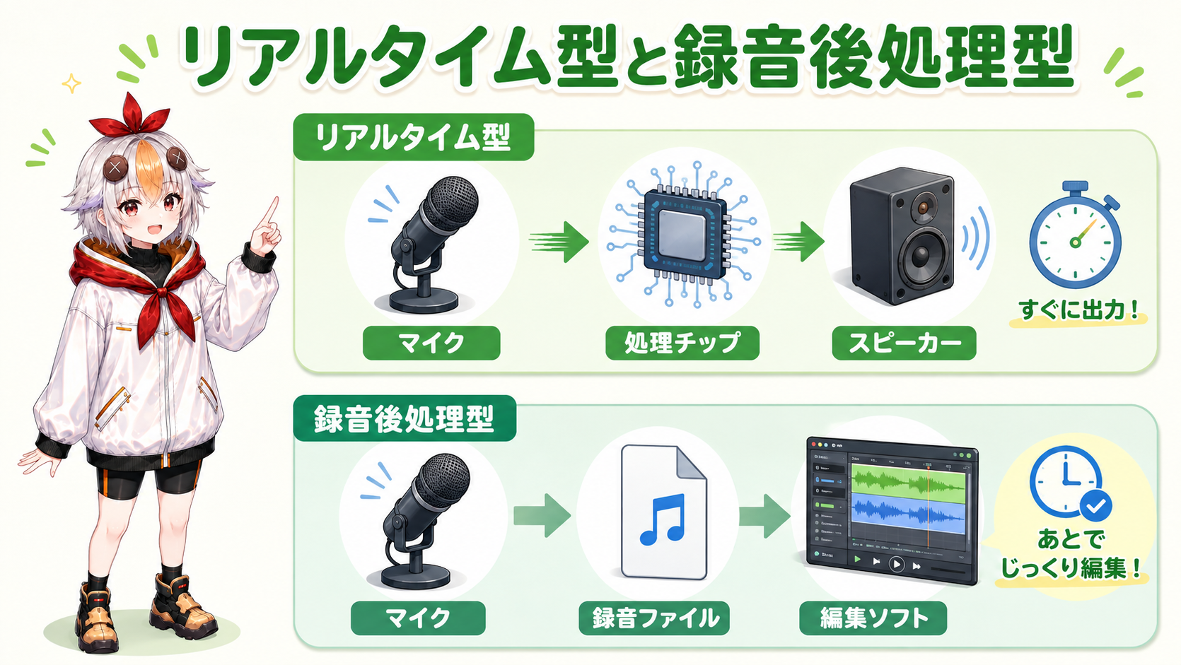リアルタイム変換と録音後加工の流れを図で比較しているこっこちゃん