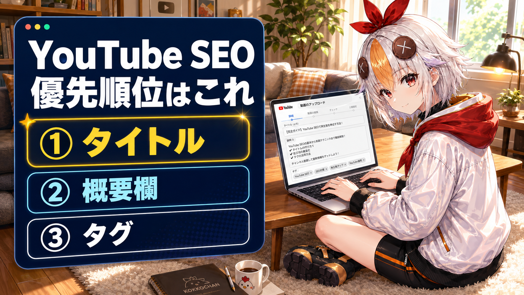 リビングでノートPCのYouTube投稿画面を操作しながら振り返るこっこちゃん