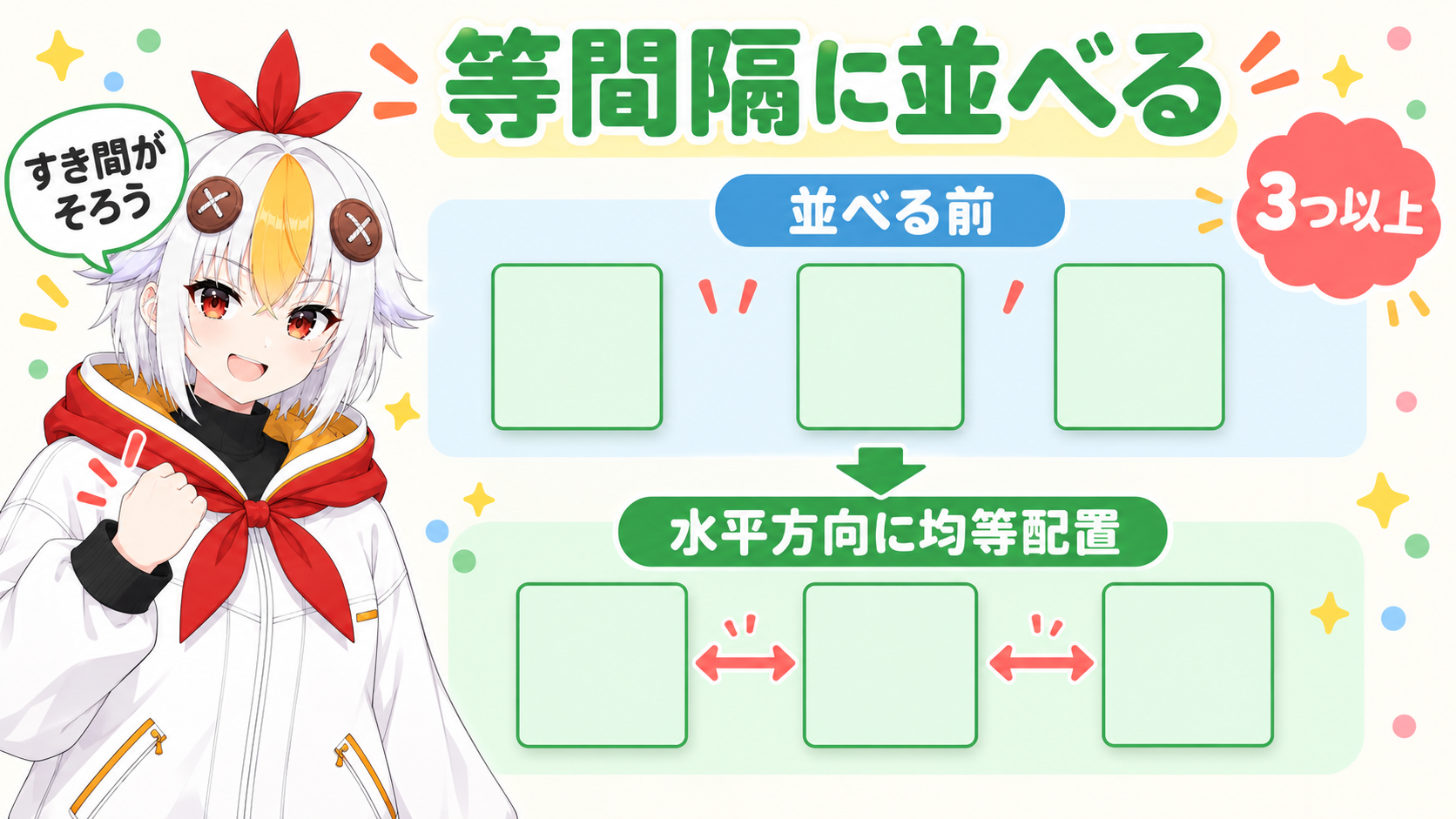 間隔がばらばらだった3つの四角いレイヤーが、水平方向に均等配置を押すと等間隔にそろう様子を示す図