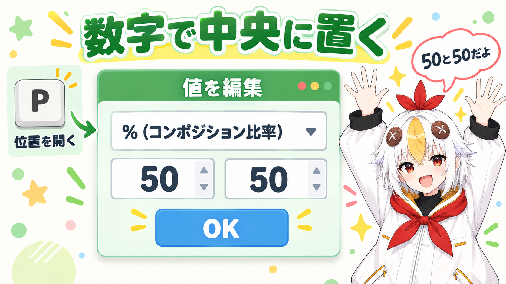 値を編集のダイアログで、単位を% (コンポジション比率)にして、位置の2つの欄に50と50を入れた様子を示す図
