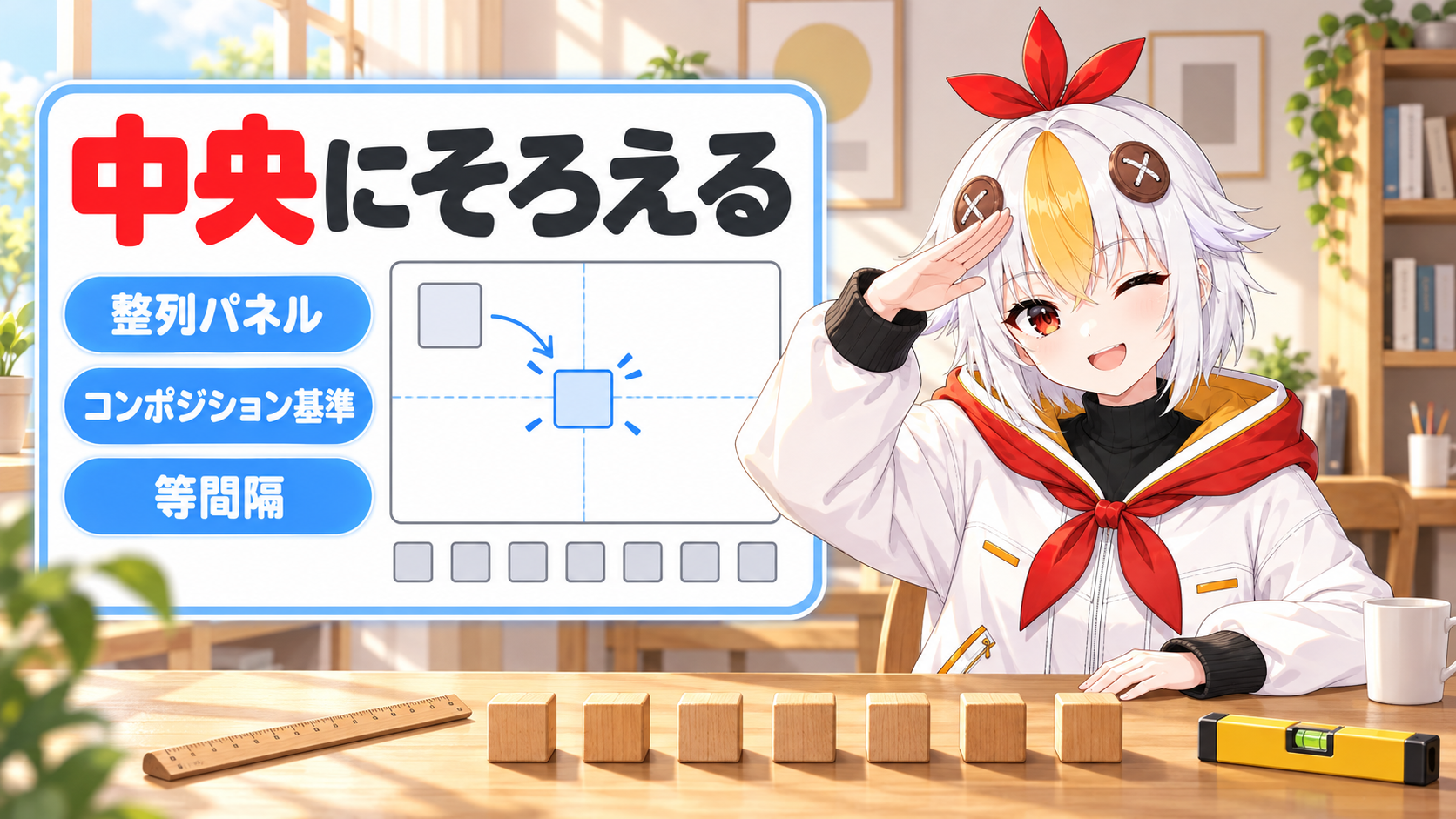 After Effectsの整列パネルでレイヤーをコンポジションの中央にそろえる方法と、等間隔に並べる手順を解説するアイキャッチ画像