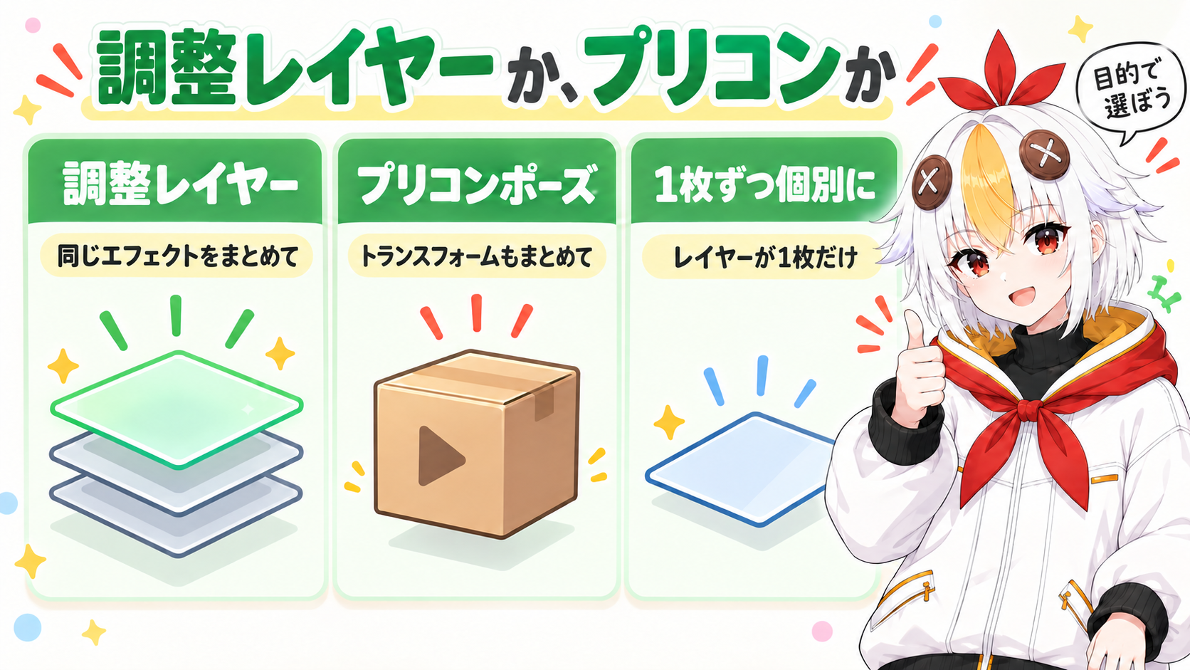 調整レイヤー、プリコンポーズ、各レイヤーに個別にかける方法を、向いている場面で比べた3列の比較表