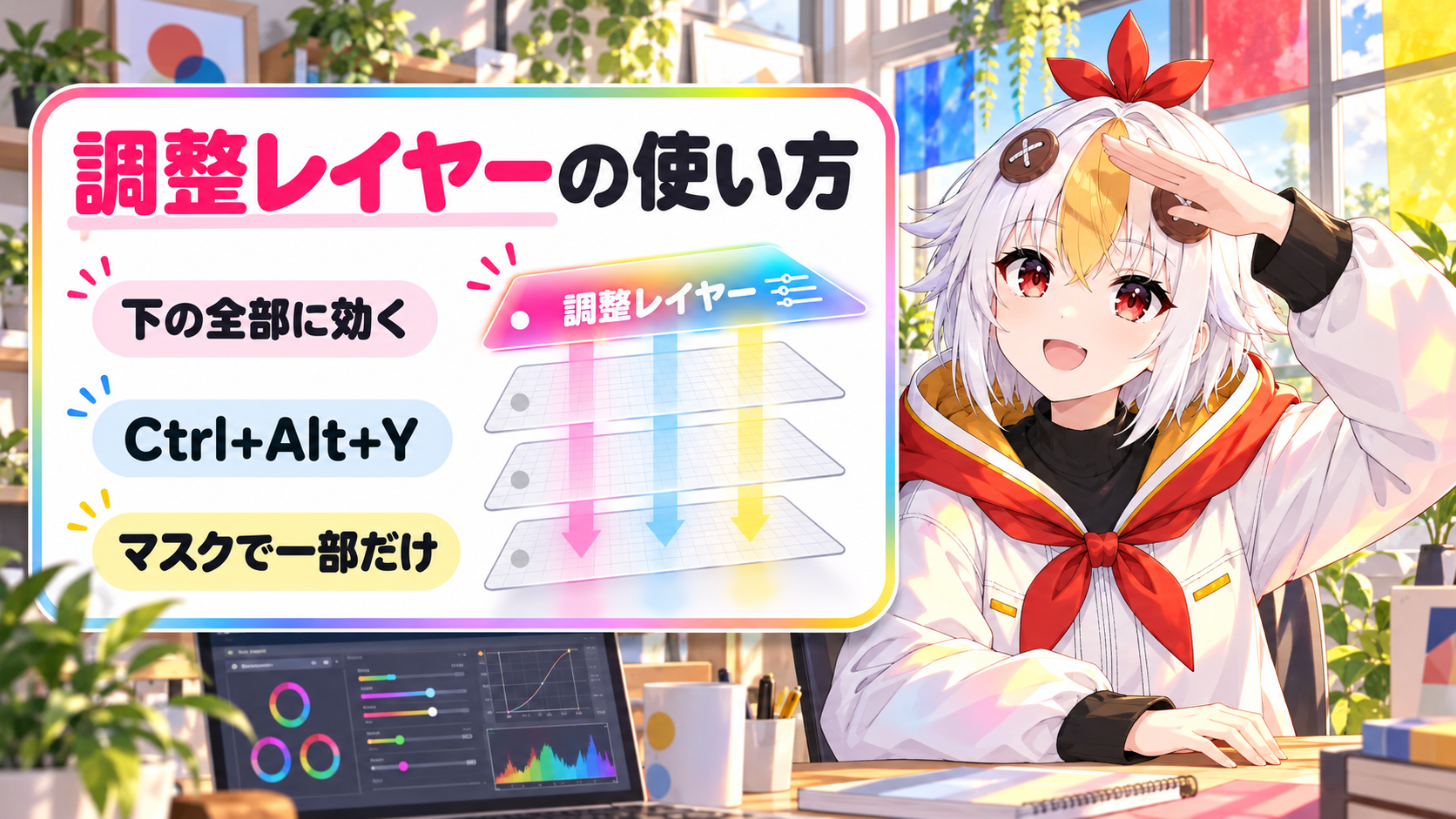 After Effectsの調整レイヤーの使い方を解説するアイキャッチ画像。下のレイヤー全部にエフェクトをまとめてかける