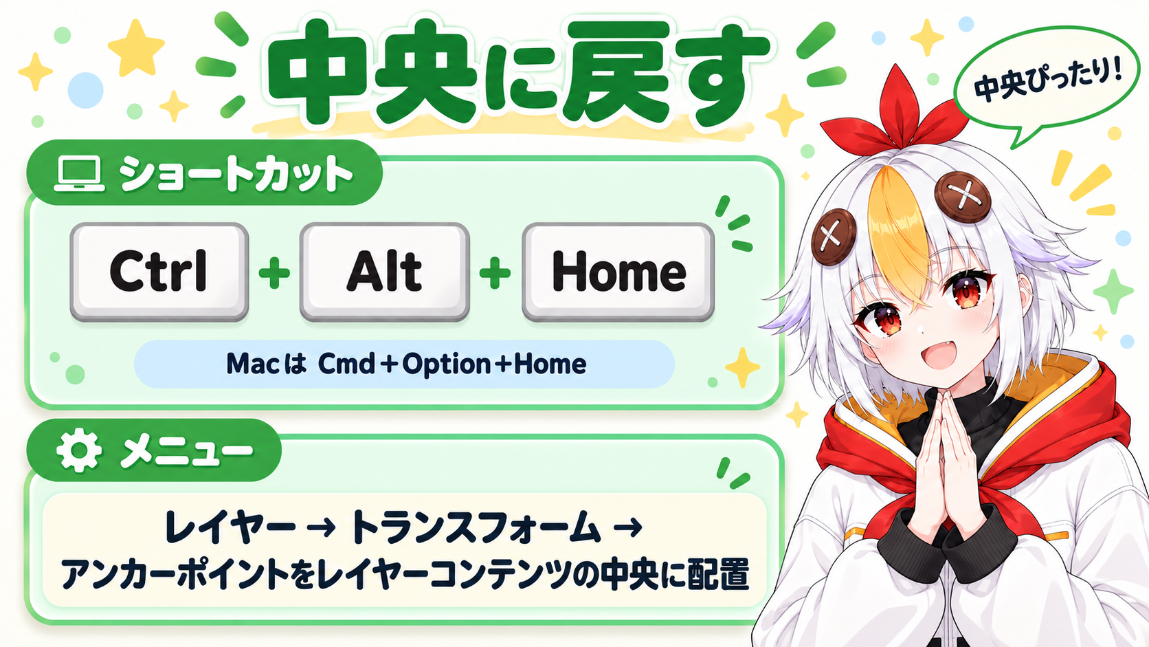 ショートカットのCtrl+Alt+Homeまたはレイヤーメニューのトランスフォームからアンカーポイントをレイヤーコンテンツの中央に配置する方法を示すインフォグラフィック