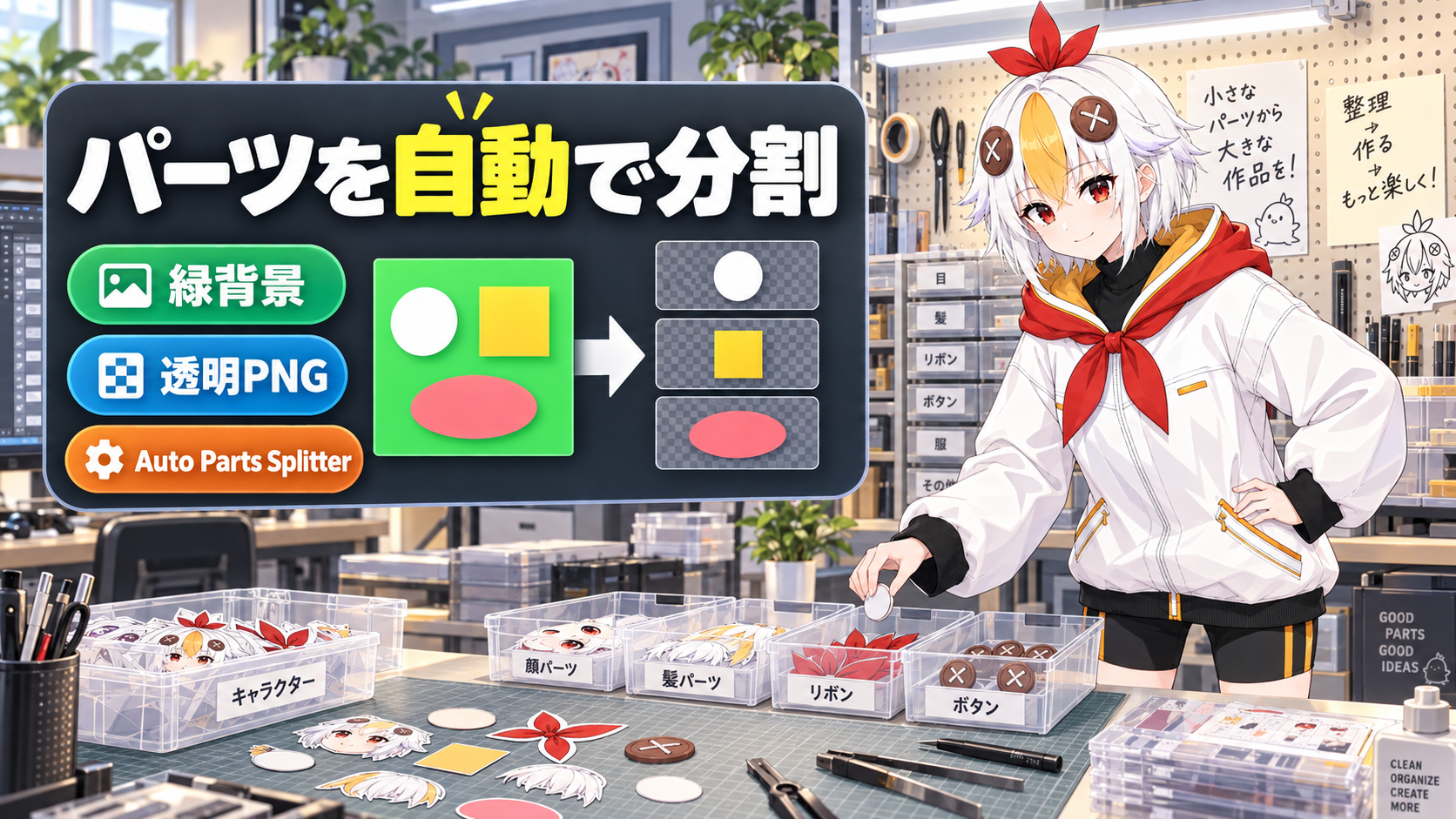 After Effectsで緑背景のパーツ素材をパーツごとのレイヤーに自動で分割するスクリプトを紹介するアイキャッチ画像