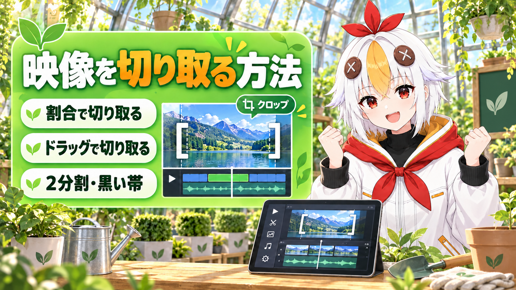 Premiere Proで映像の上下左右を切り取るクロップの方法を解説するアイキャッチ画像。プロパティパネルとプログラムモニターで切り取る